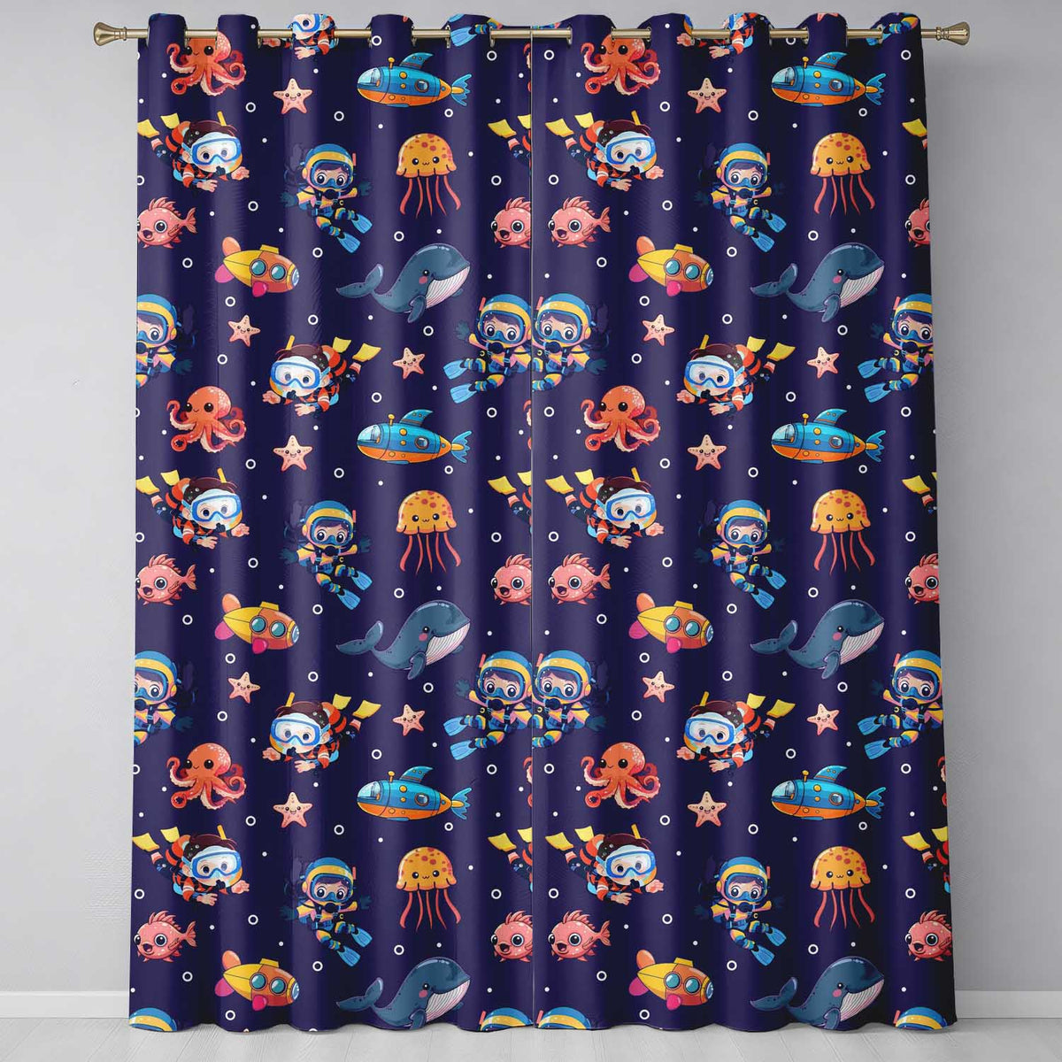 Underwater with Scuba Divers Starfish and Whale on Rich Purple Background Readymade Eyelet Ring Top Thermal 100% Blackout Curtains