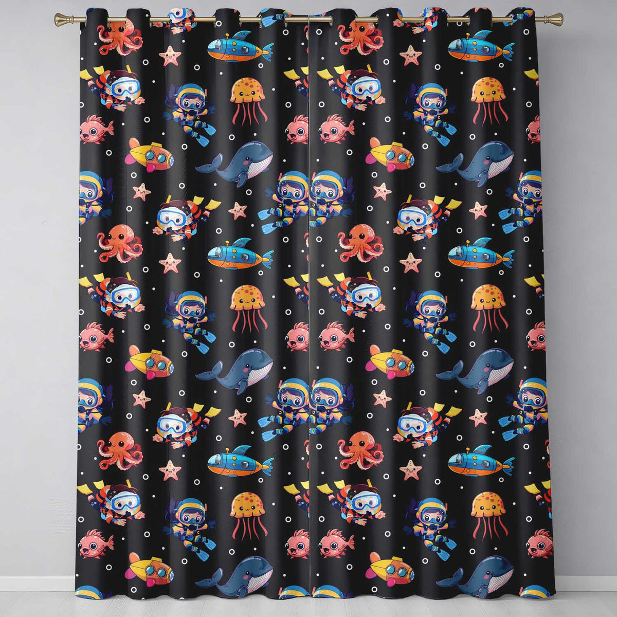 Underwater with Scuba Divers Starfish and Whale on Dark Charcoal Background Readymade Eyelet Ring Top Thermal 100% Blackout Curtains