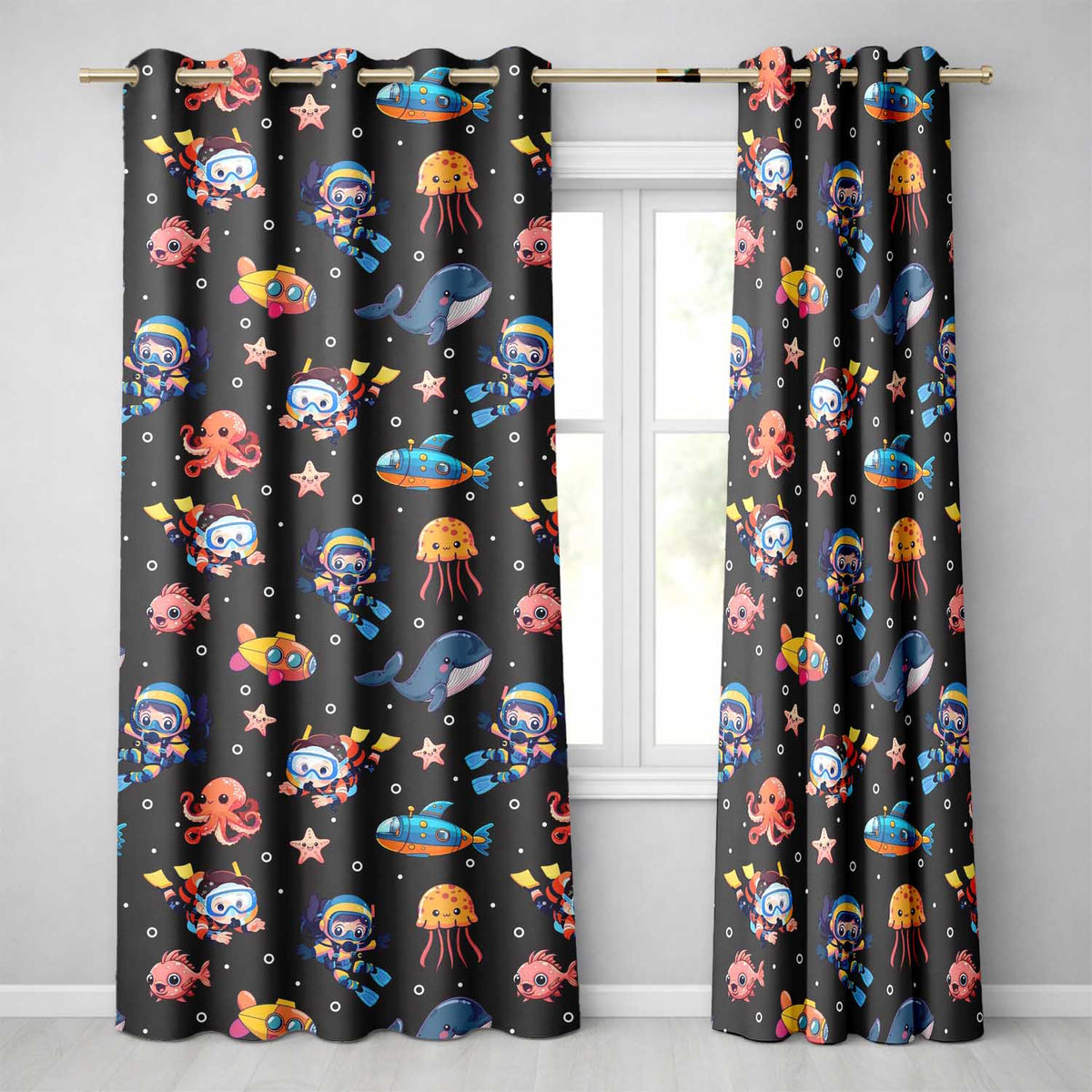 Underwater with Scuba Divers Starfish and Whale on Dark Charcoal Background Readymade Eyelet Ring Top Thermal 100% Blackout Curtains