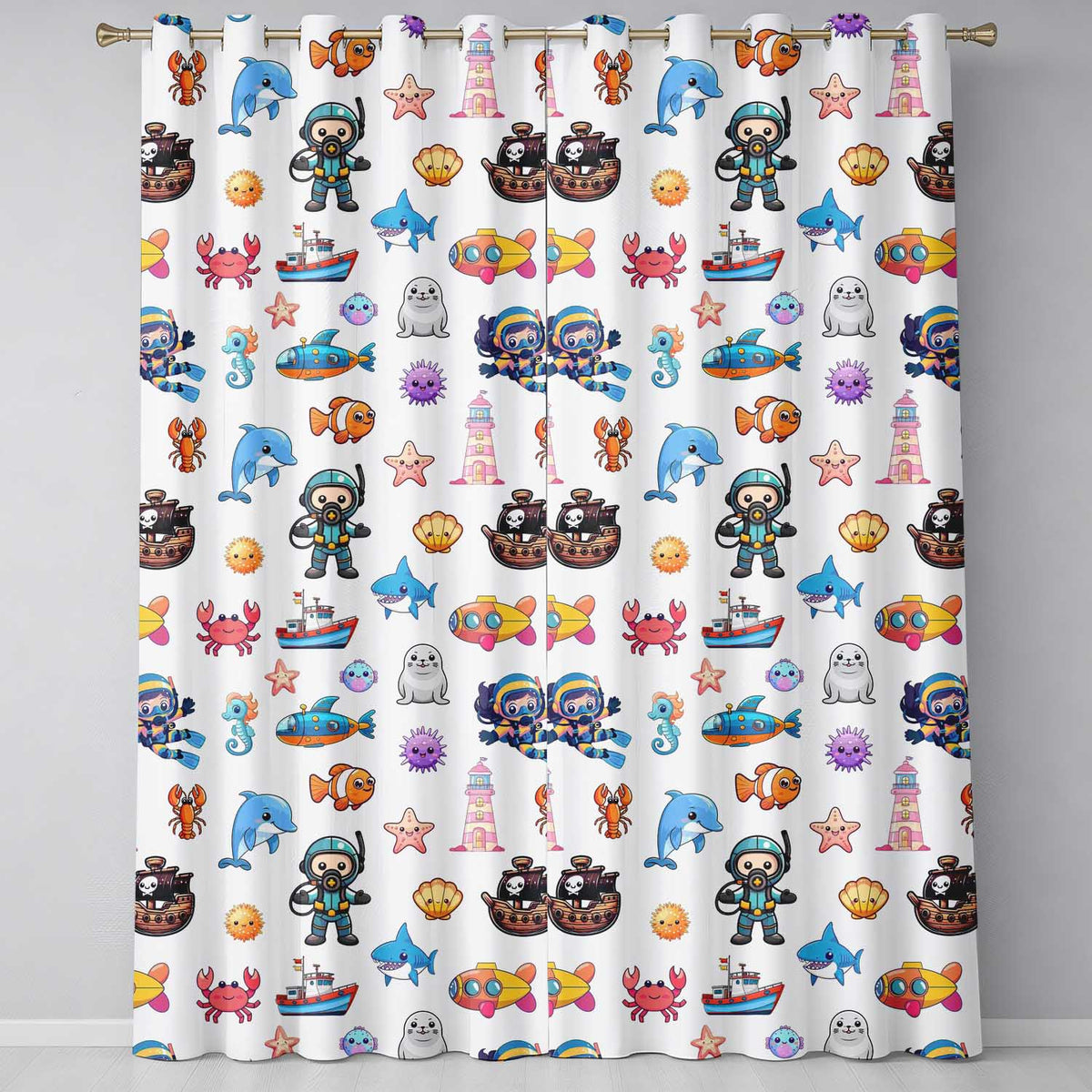 Cartoon Ocean with various sea Creatures on Soft Beige Background Readymade Eyelet Ring Top Thermal 100% Blackout Curtains