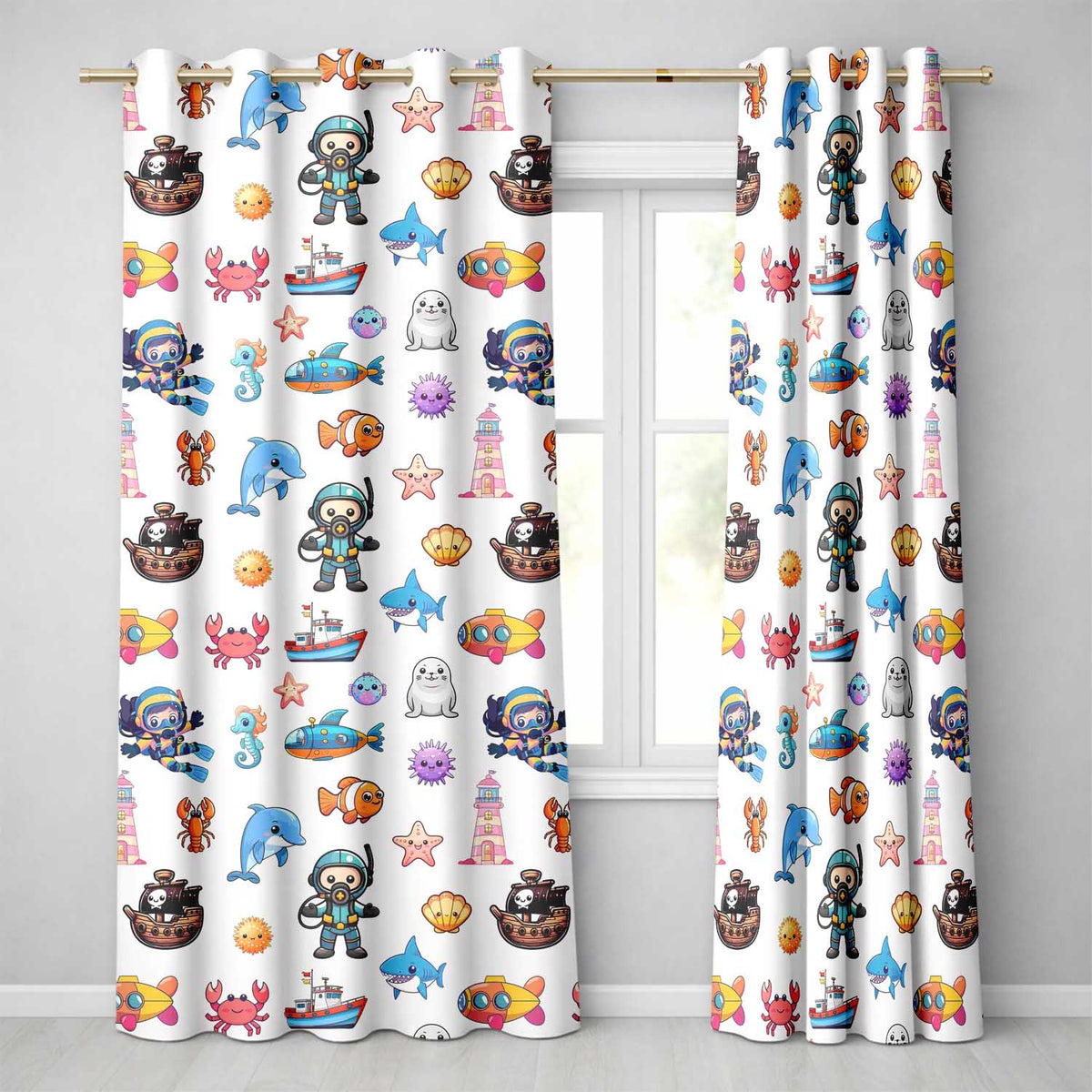Cartoon Ocean with various sea Creatures on Soft Beige Background Readymade Eyelet Ring Top Thermal 100% Blackout Curtains