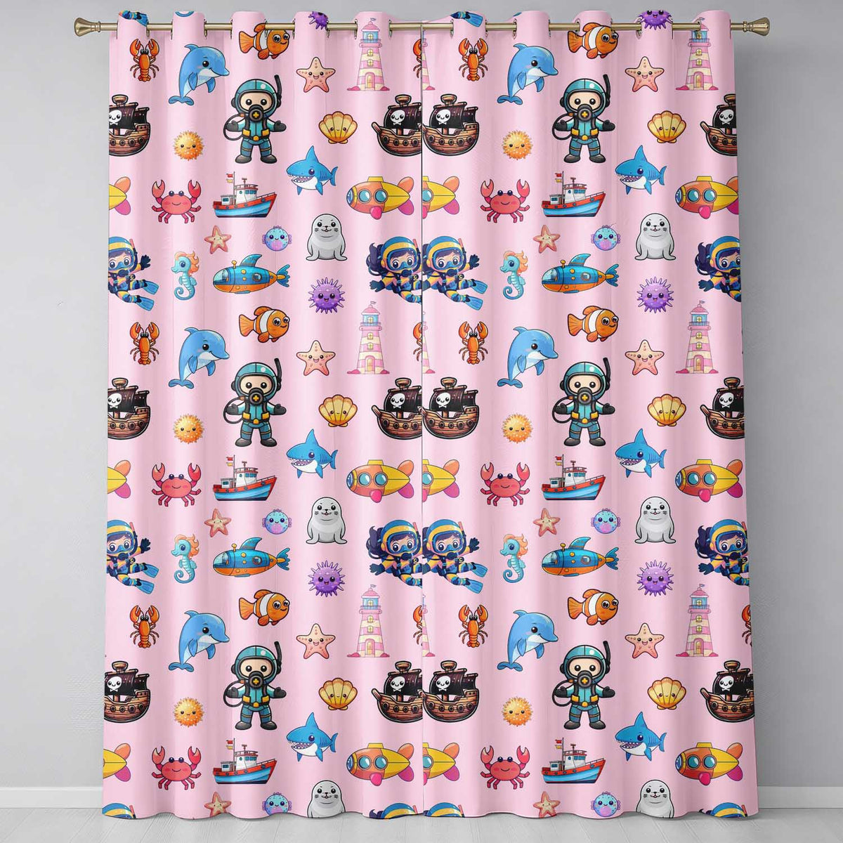 Cartoon Ocean with various sea CreaturesSea Creatures on Blush Pink Background Readymade Eyelet Ring Top Thermal 100% Blackout Curtains