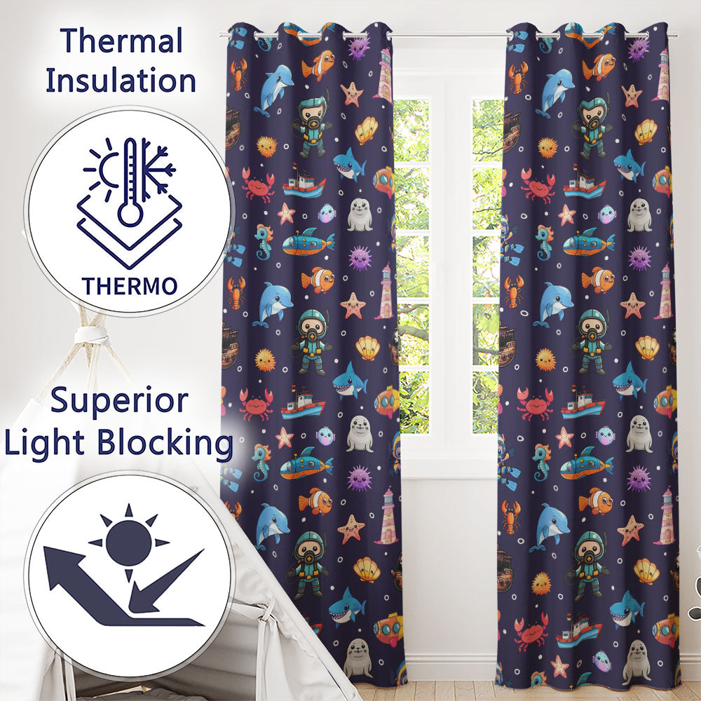 Cartoon Ocean with Various Sea Creatures on Rich Purple Background Readymade Eyelet Ring Top Thermal 100% Blackout Curtains