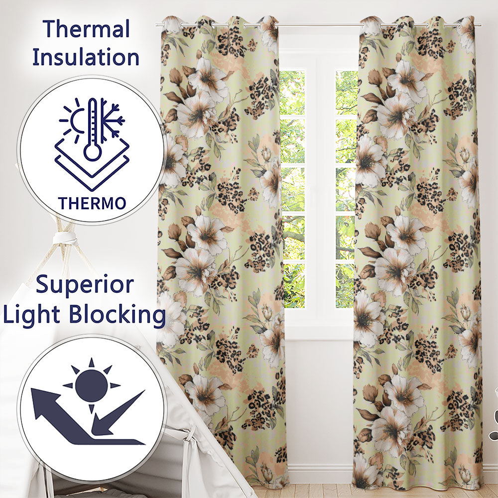 Elegant Beige Floral with Vintage Flowers and Leopard Print Aesthetic Design Readymade Eyelet Ring Top Thermal 100% Blackout Curtains