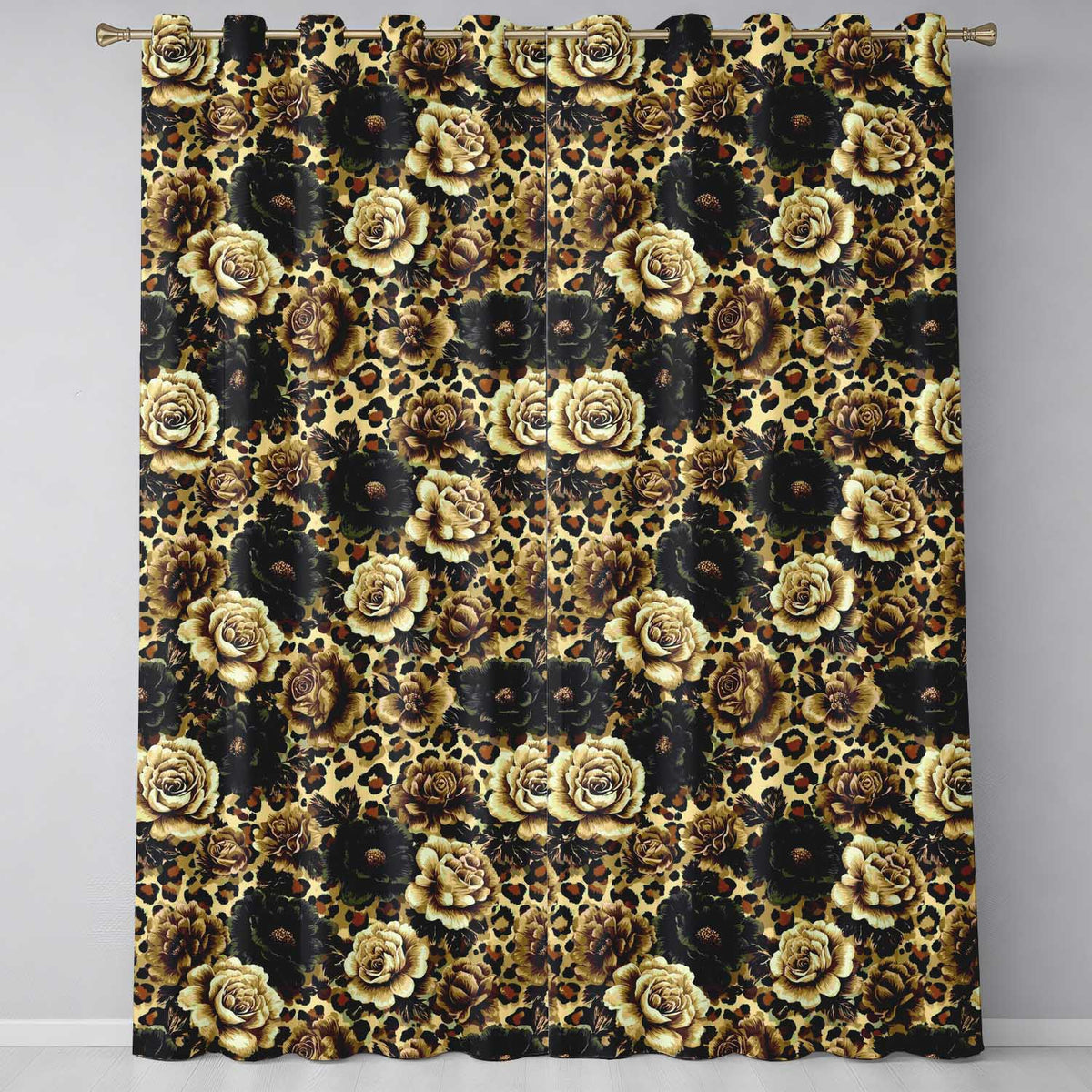 Vintage Floral and Leopard Print in Neutral Beige and Black Tones Readymade Eyelet Ring Top Thermal 100% Blackout Curtains