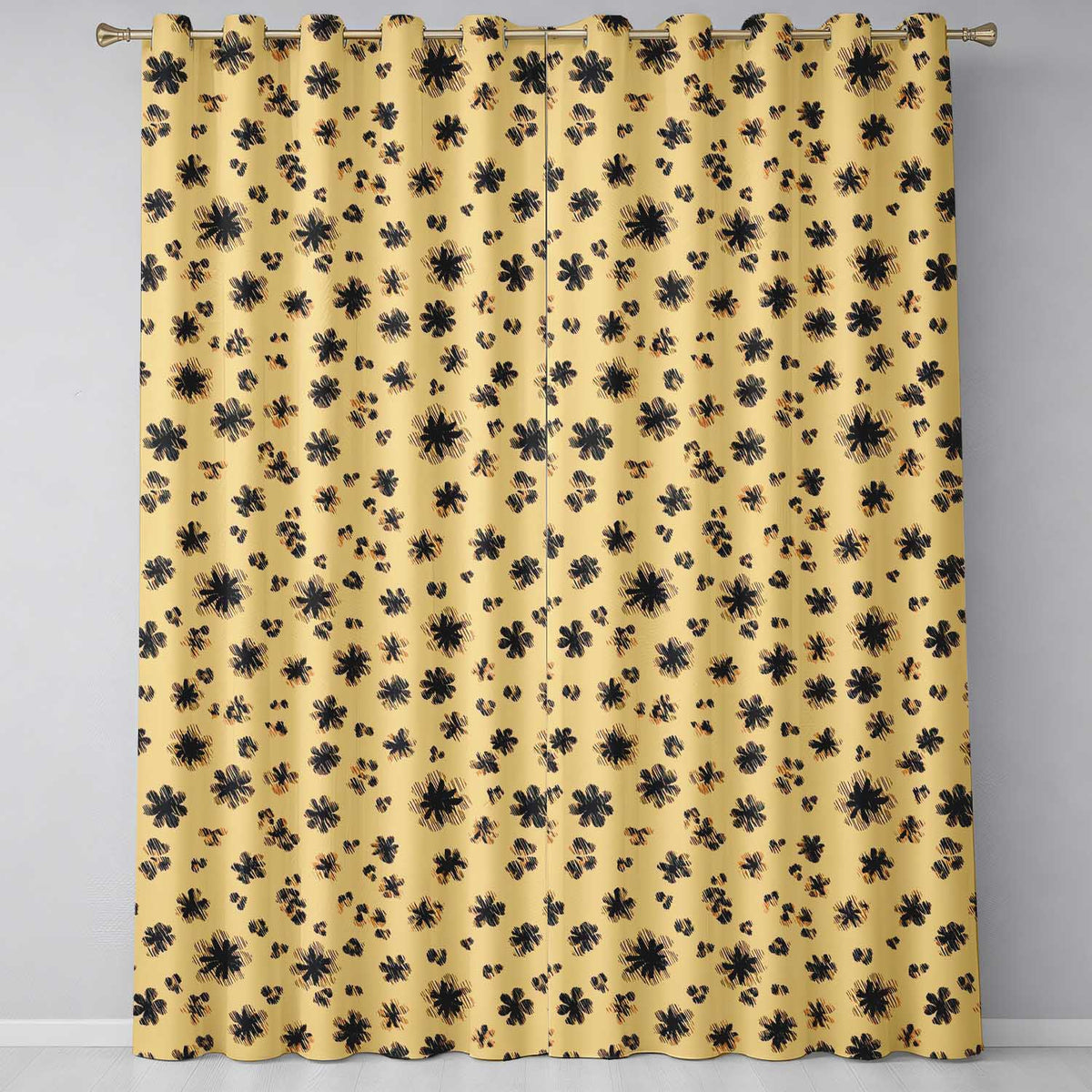 Abstract Leopard Spot and Floral Ditsy with Black Motifs Warm Beige Background Readymade Eyelet Ring Top Thermal 100% Blackout Curtains