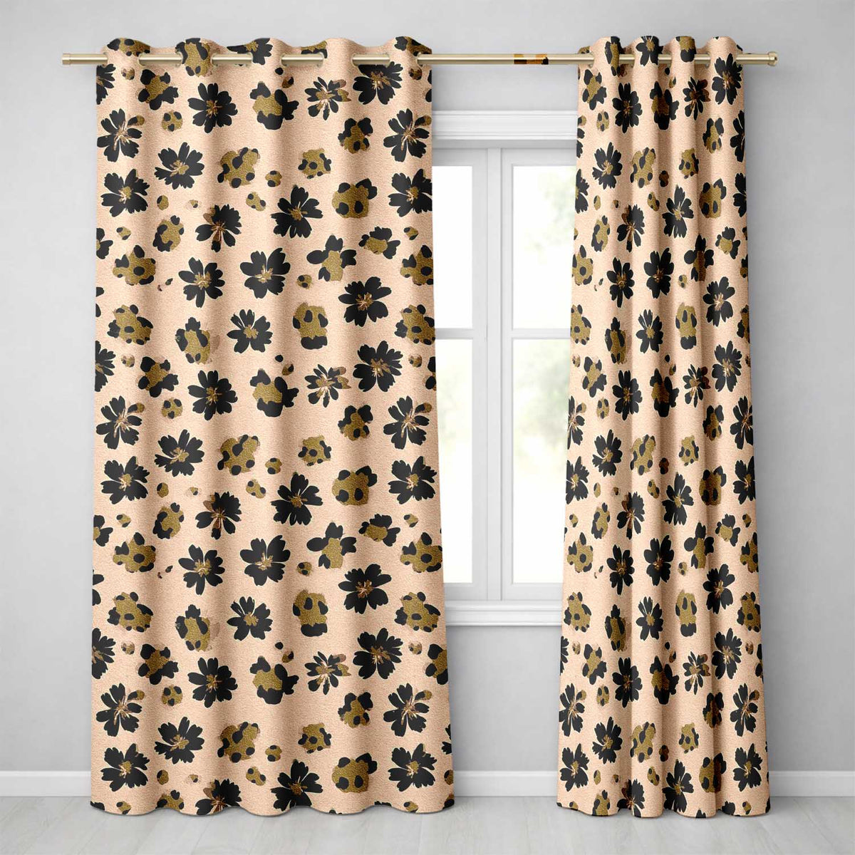 Modern Minimal Floral and Leopard Mix Black FlowersTextured Beige Background Readymade Eyelet Ring Top Thermal 100% Blackout Curtains