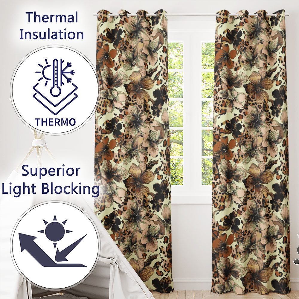 Elegant Neutral Floral and Leopard Print with Hand Drawn Botanical Details Readymade Eyelet Ring Top Thermal 100% Blackout Curtains