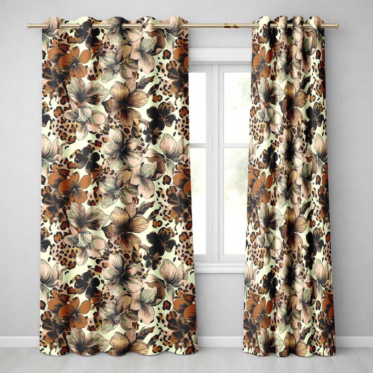 Elegant Neutral Floral and Leopard Print with Hand Drawn Botanical Details Readymade Eyelet Ring Top Thermal 100% Blackout Curtains