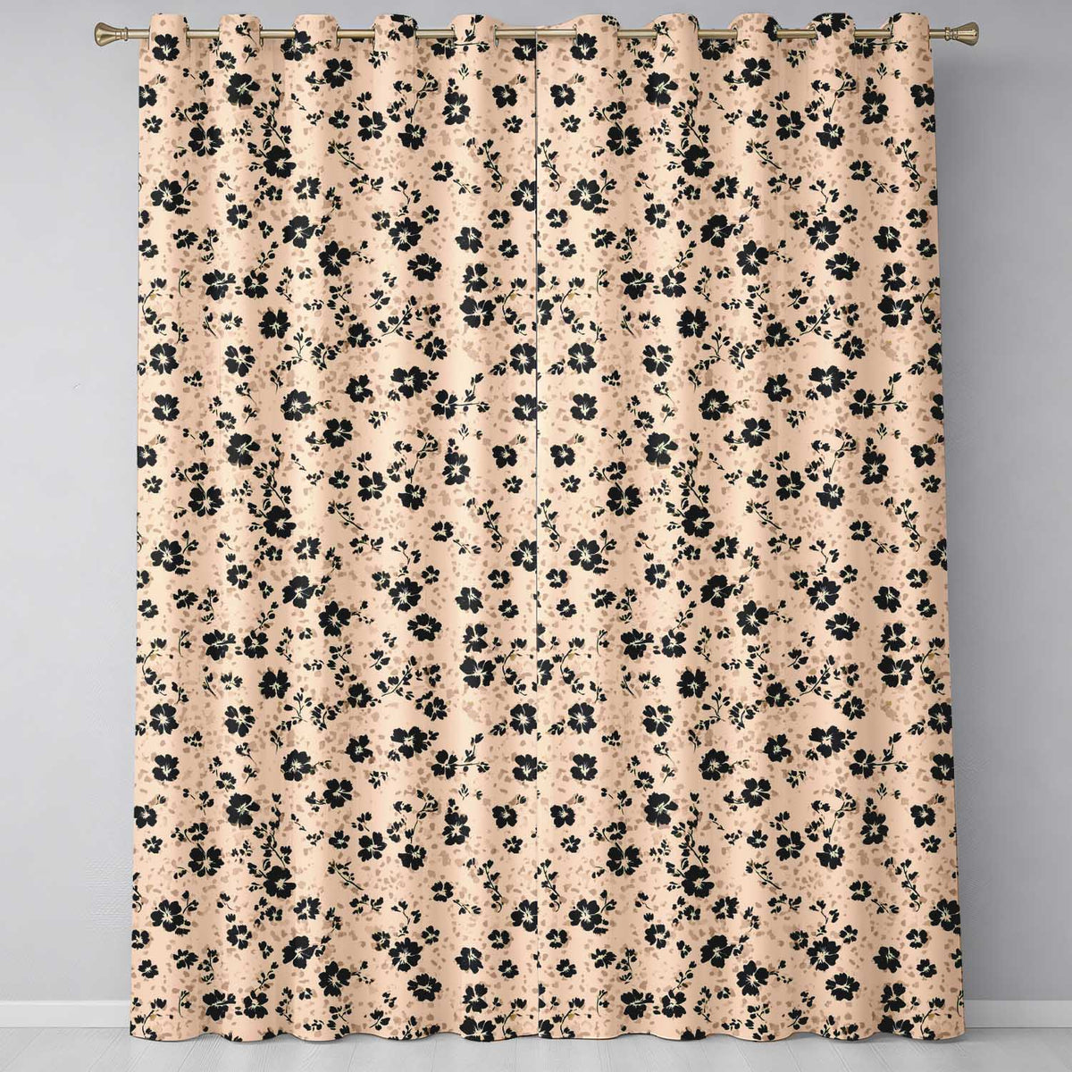 Ditsy Black Floral on Soft Beige Background with Subtle Animal Print Texture Readymade Eyelet Ring Top Thermal 100% Blackout Curtains