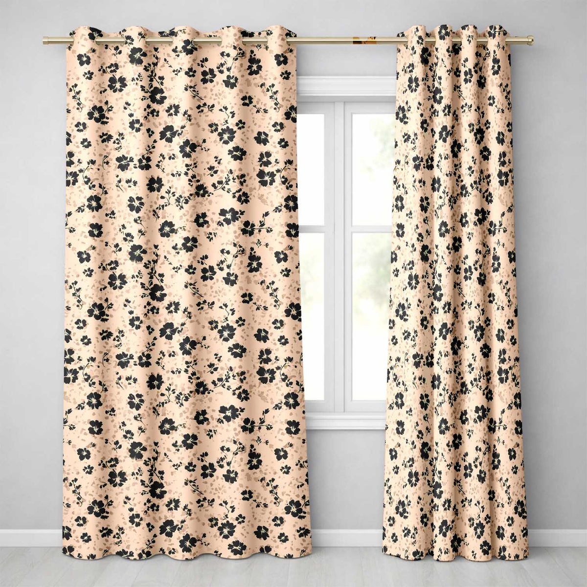 Ditsy Black Floral on Soft Beige Background with Subtle Animal Print Texture Readymade Eyelet Ring Top Thermal 100% Blackout Curtains