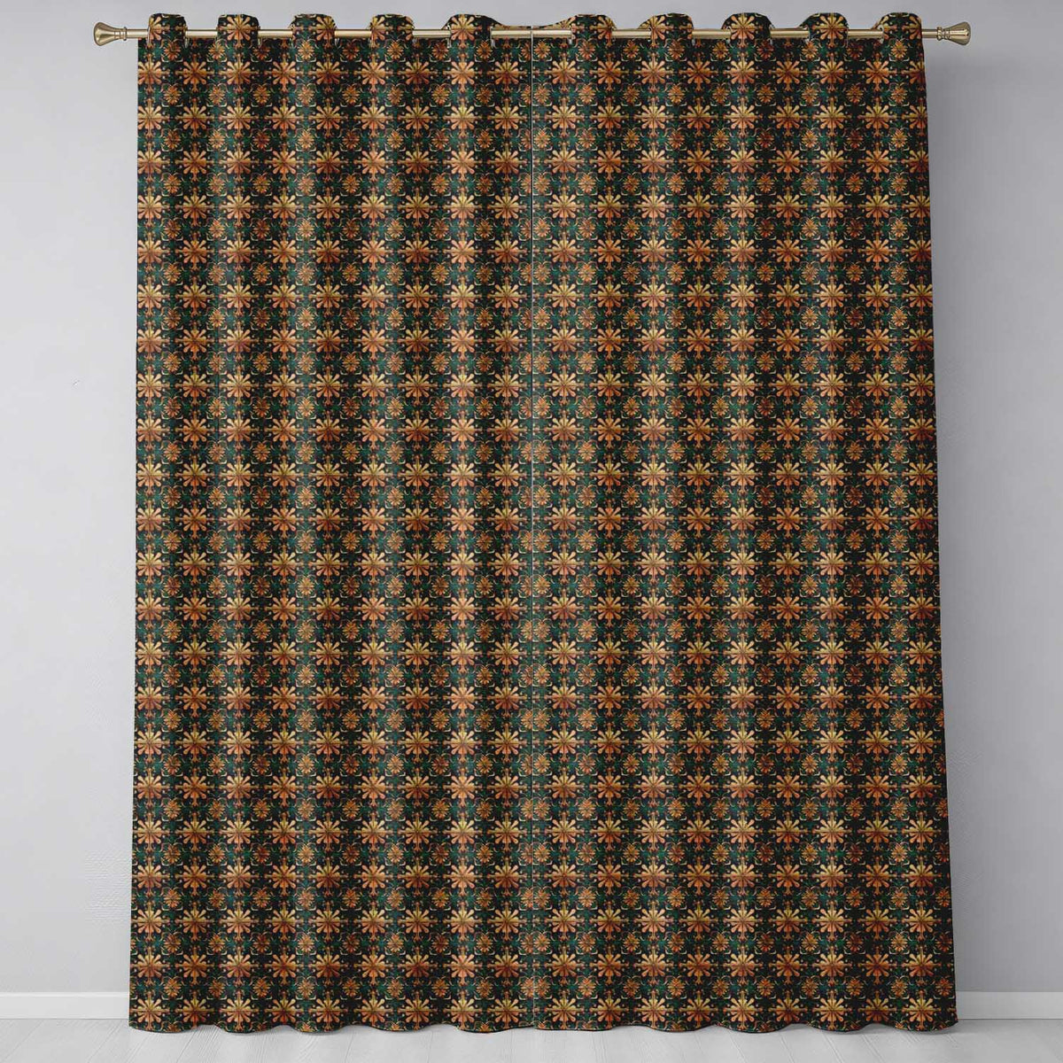 Luxury Ornate Baroque Floral Tile Pattern in Gold on Deep Teal Background Readymade Eyelet Ring Top Thermal 100% Blackout Curtains