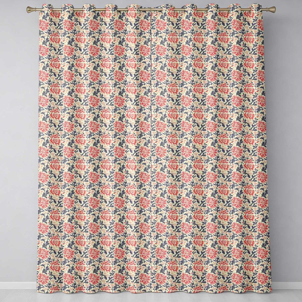 Classic Red Floral Botanical Navy Blue Leaves on Beige Background Vintage Style Readymade Eyelet Ring Top Thermal 100% Blackout Curtains