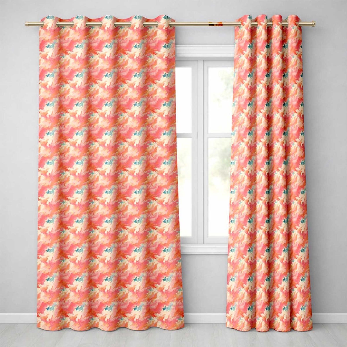 Abstract Coral and Cream Fluid Art Seamless Pattern with Soft Blue Accents Readymade Eyelet Ring Top Thermal 100% Blackout Curtains