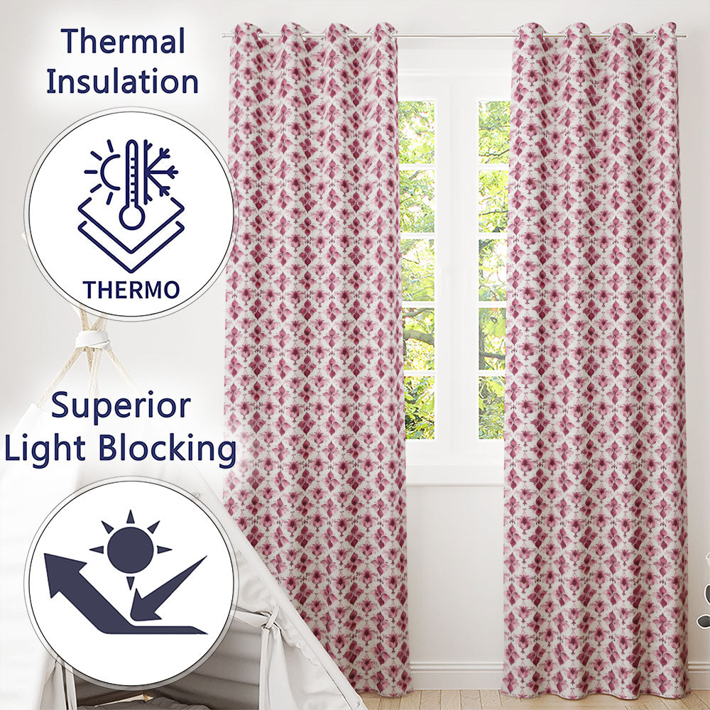 Watercolour Burgundy Damask Motif Repeat on Light Background Elegant Style Readymade Eyelet Ring Top Thermal 100% Blackout Curtains