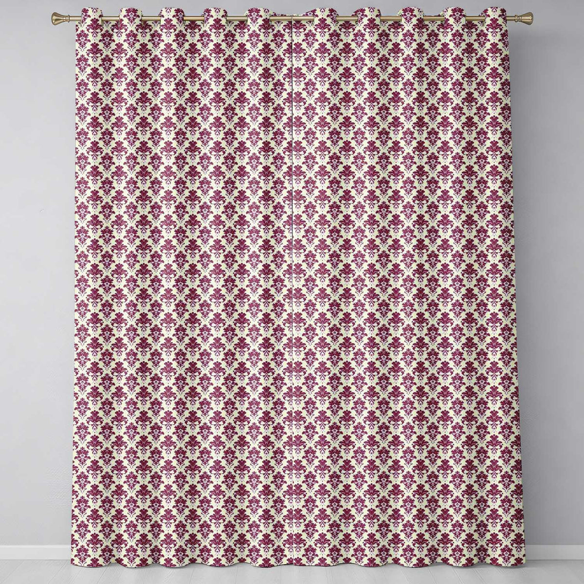 Classic Burgundy Damask Repeat Cream Background Traditional Ornamental Style Readymade Eyelet Ring Top Thermal 100% Blackout Curtains