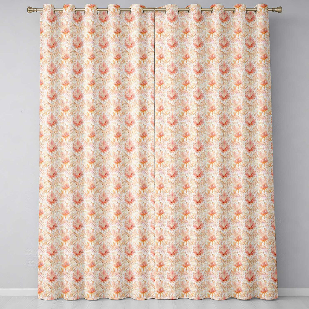 Elegant Floral Botanical with Soft Peach Blossoms and Delicate Leaves Design Readymade Eyelet Ring Top Thermal 100% Blackout Curtains