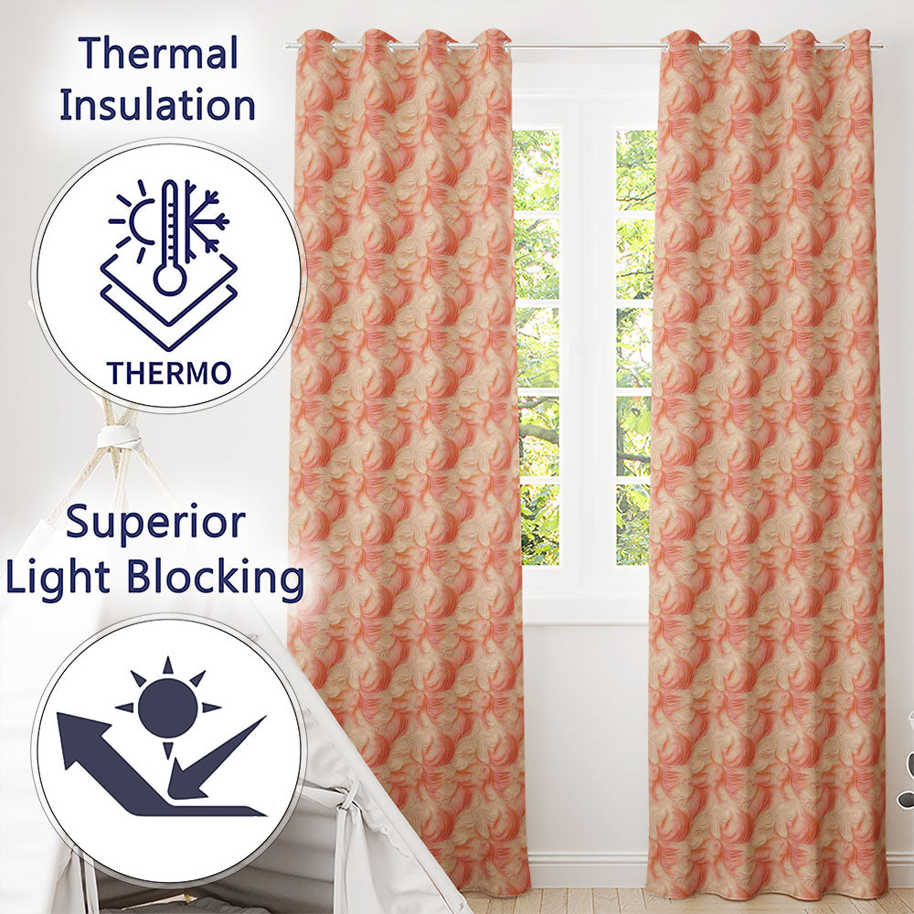 Abstract Feather Swirl in Soft Coral and Cream Flowing Texture Design Readymade Eyelet Ring Top Thermal 100% Blackout Curtains