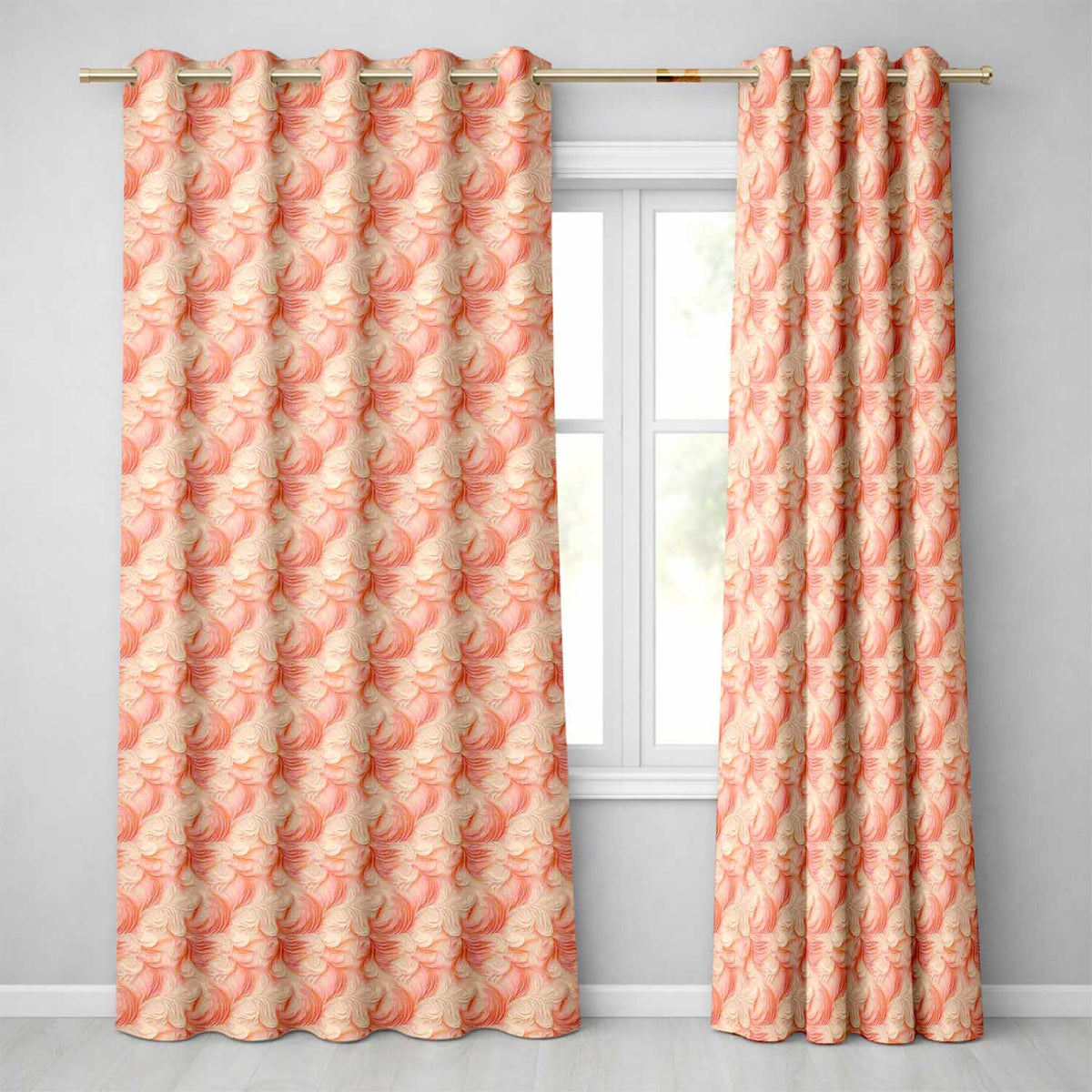 Abstract Feather Swirl in Soft Coral and Cream Flowing Texture Design Readymade Eyelet Ring Top Thermal 100% Blackout Curtains