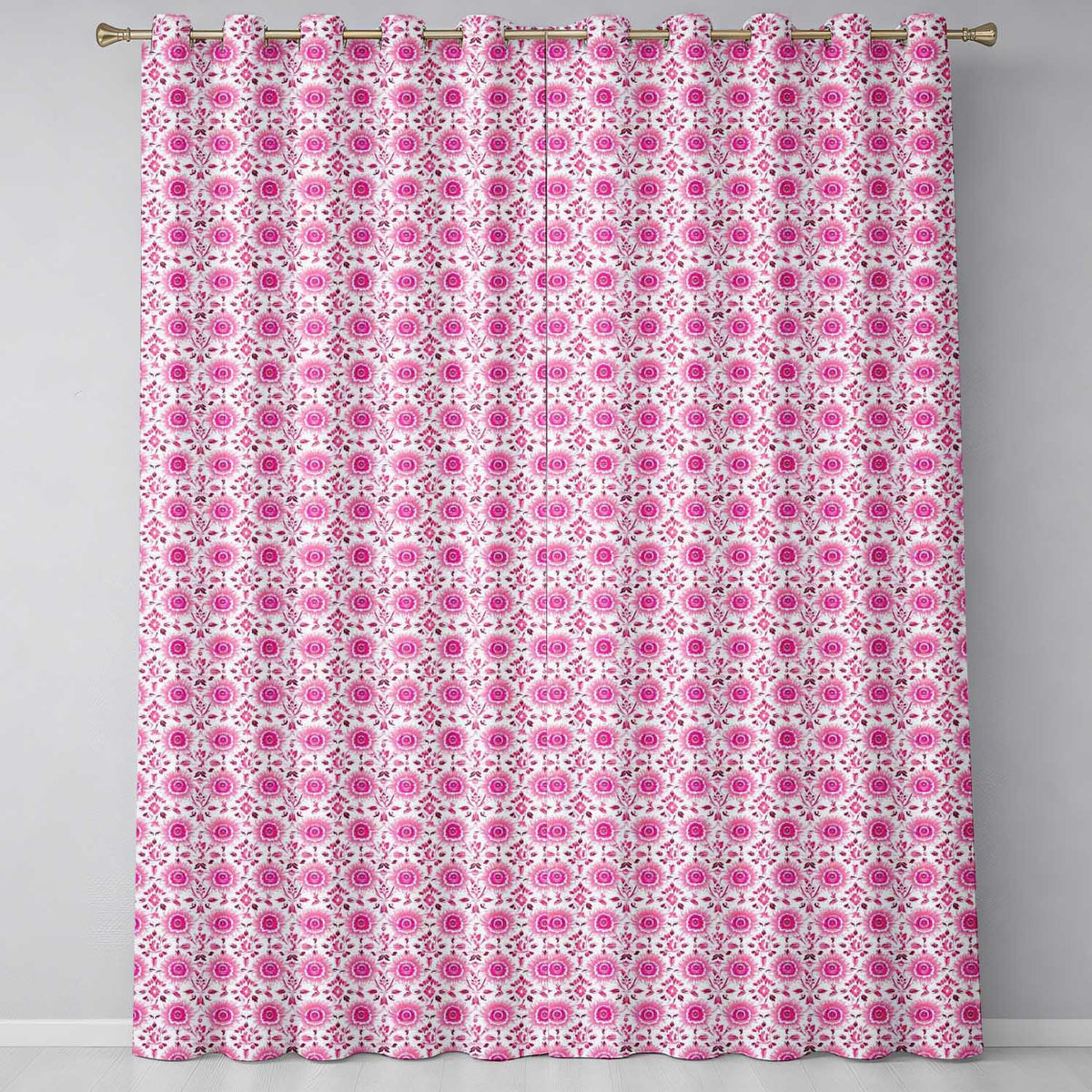 Bright Pink Floral Folk Art Pattern with Decorative Blossoms Seamless Design Readymade Eyelet Ring Top Thermal 100% Blackout Curtains