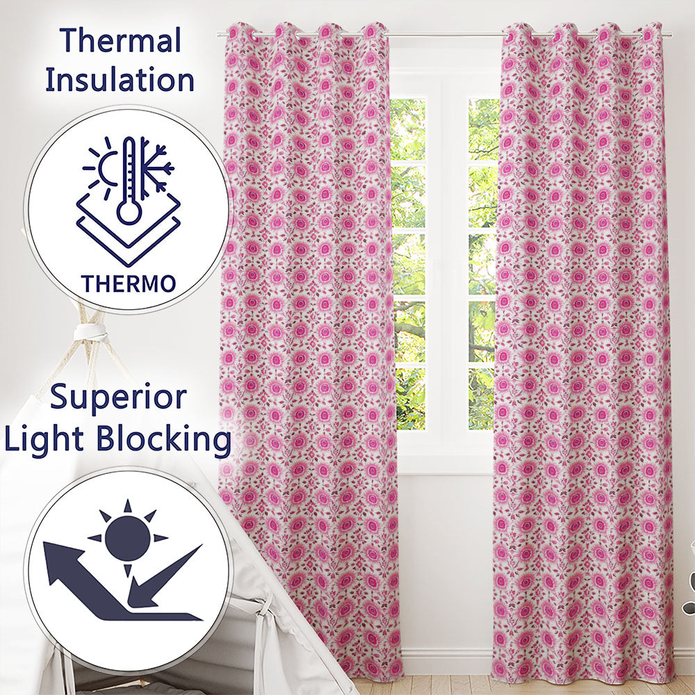 Bright Pink Floral Folk Art Pattern with Decorative Blossoms Seamless Design Readymade Eyelet Ring Top Thermal 100% Blackout Curtains