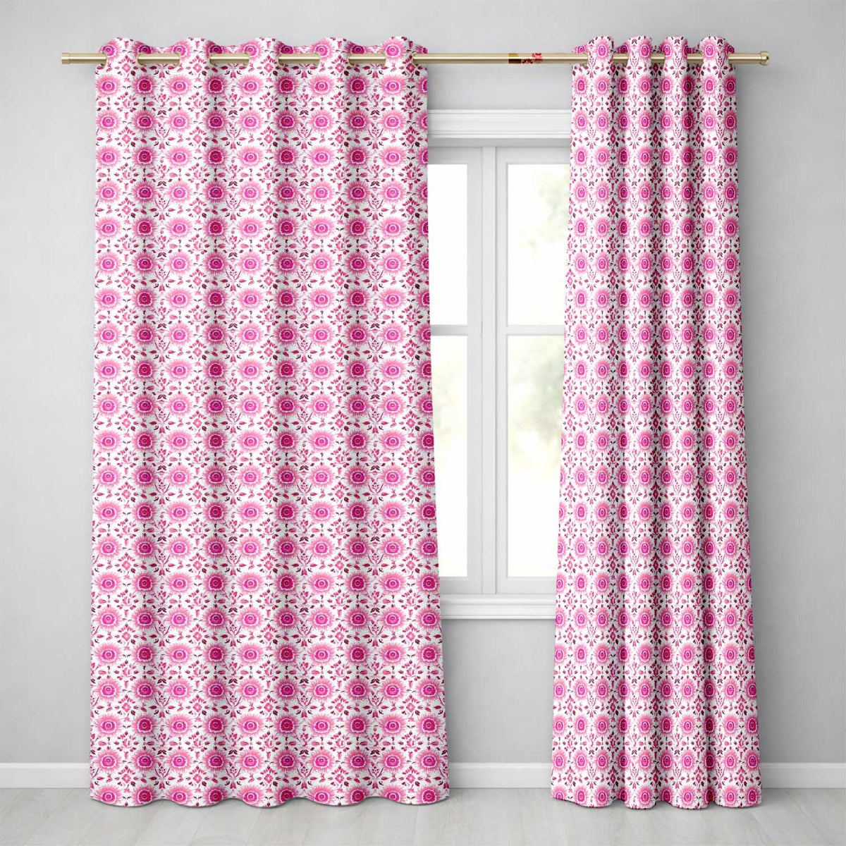 Bright Pink Floral Folk Art Pattern with Decorative Blossoms Seamless Design Readymade Eyelet Ring Top Thermal 100% Blackout Curtains