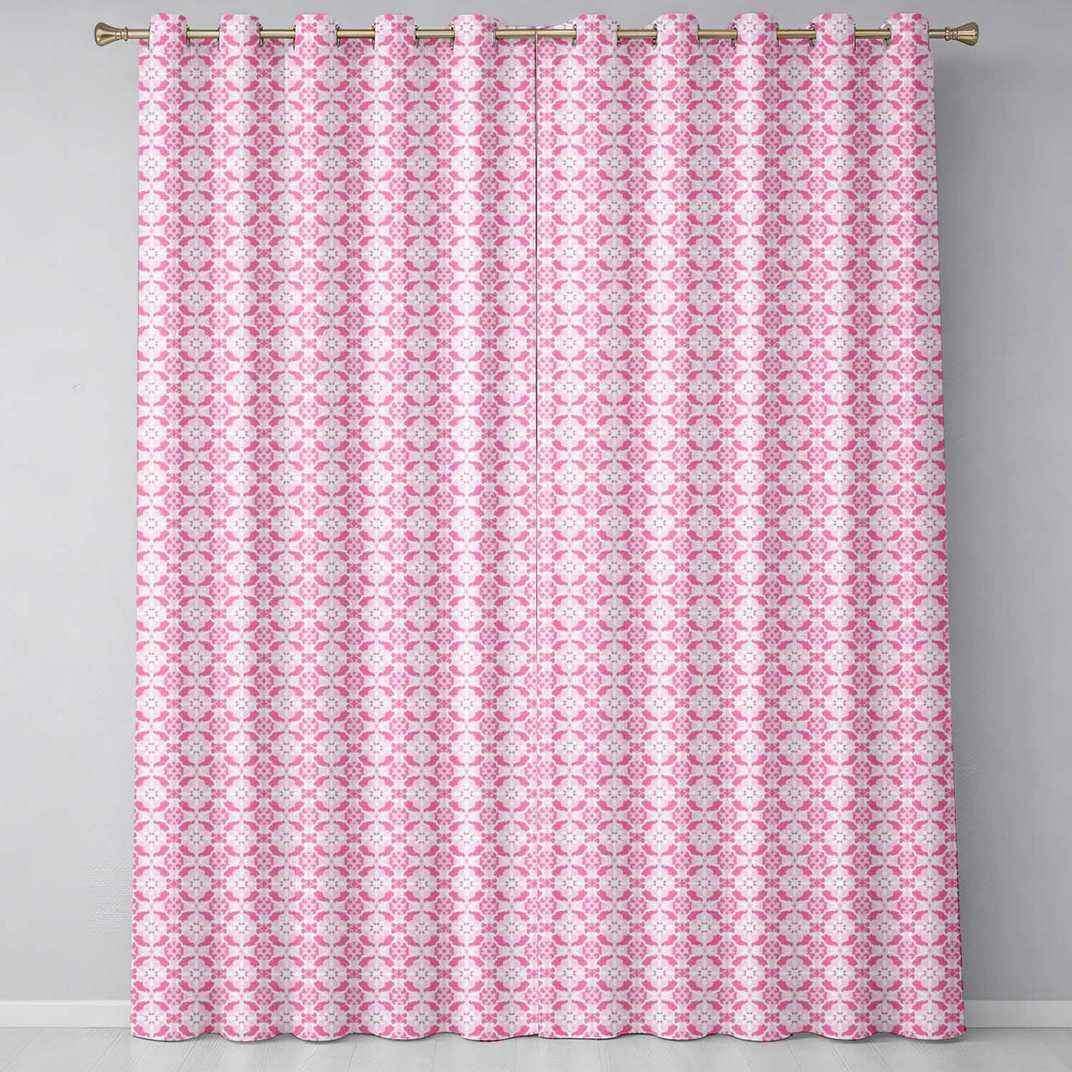 Geometric Floral Tile in Soft Pink and White Symmetrical Design Readymade Eyelet Ring Top Thermal 100% Blackout Curtains