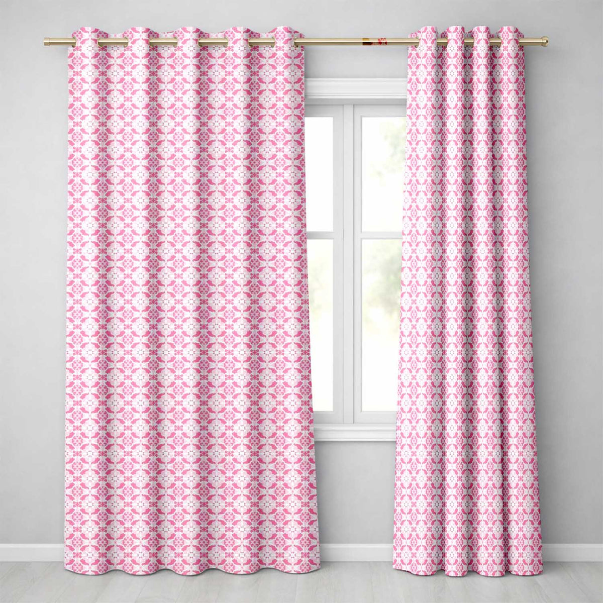 Geometric Floral Tile in Soft Pink and White Symmetrical Design Readymade Eyelet Ring Top Thermal 100% Blackout Curtains