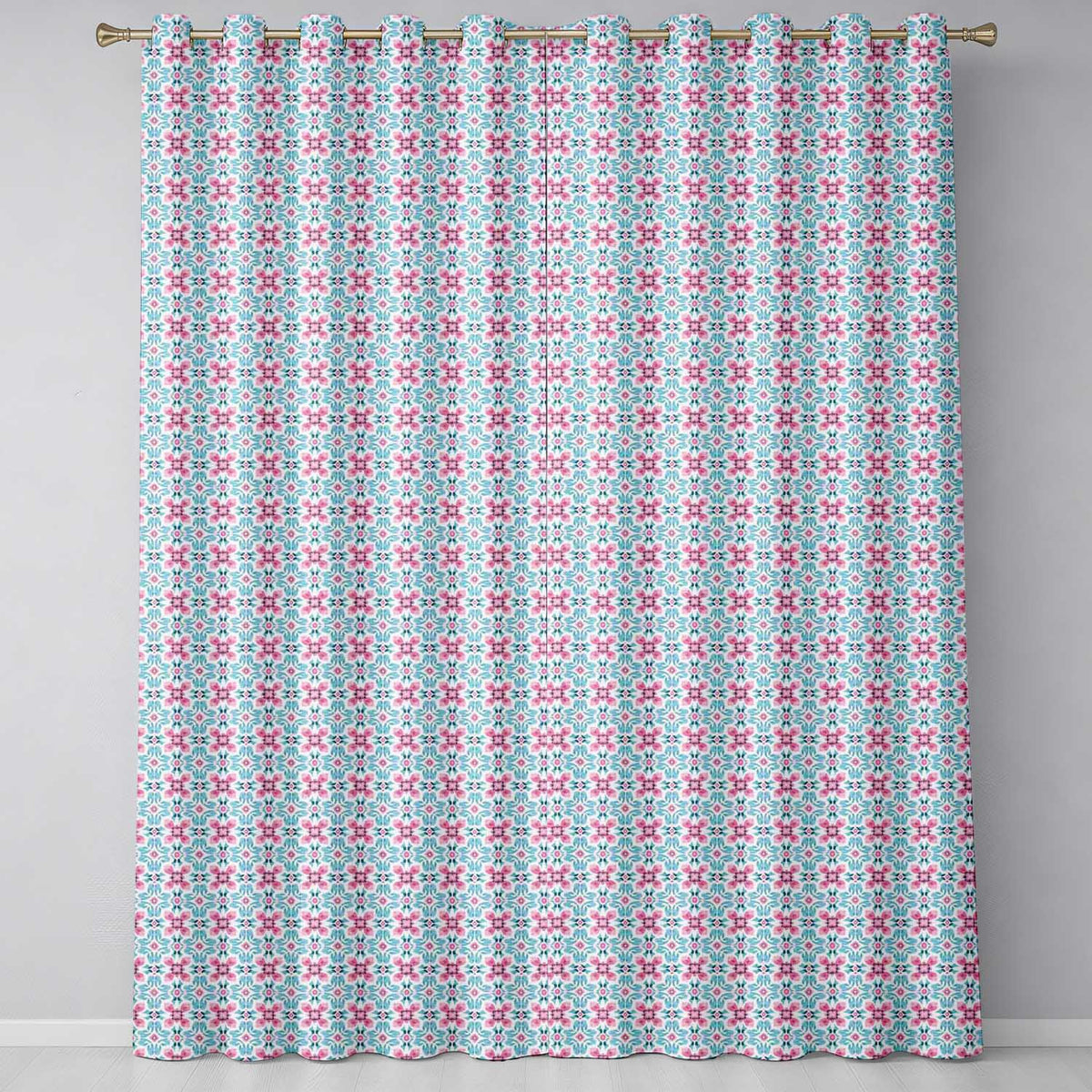 Vintage Floral Tile in Soft Pink and Blue Symmetrical Design Readymade Eyelet Ring Top Thermal 100% Blackout Curtains