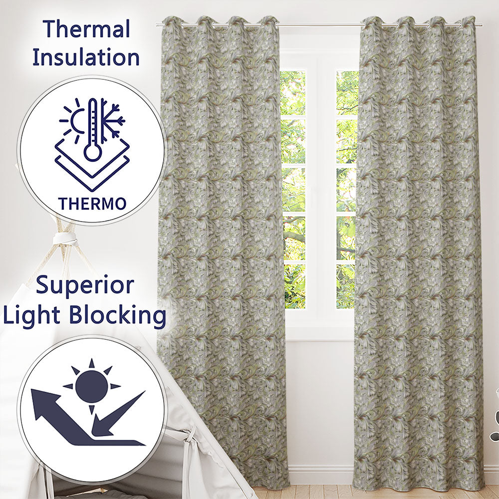 Elegant Beige Baroque Floral Scroll with Ornate Vintage Texture Design Readymade Eyelet Ring Top Thermal 100% Blackout Curtains