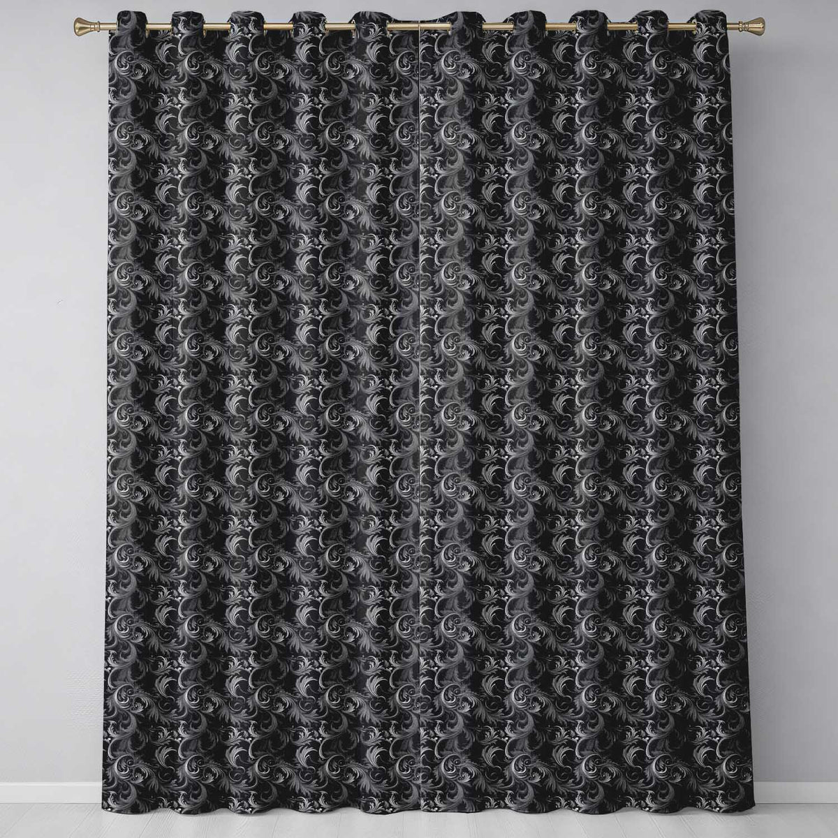 Luxury Dark Baroque Floral in Black and Silver Ornate Swirl Design Readymade Eyelet Ring Top Thermal 100% Blackout Curtains