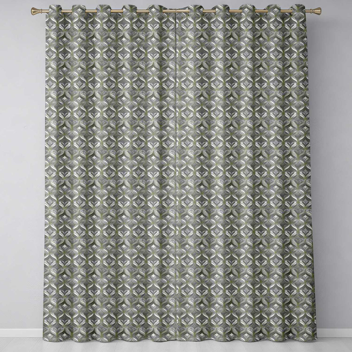Elegant Geometric Heart Motif Pattern in Neutral Beige and Grey Seamless Design Readymade Eyelet Ring Top Thermal 100% Blackout Curtains