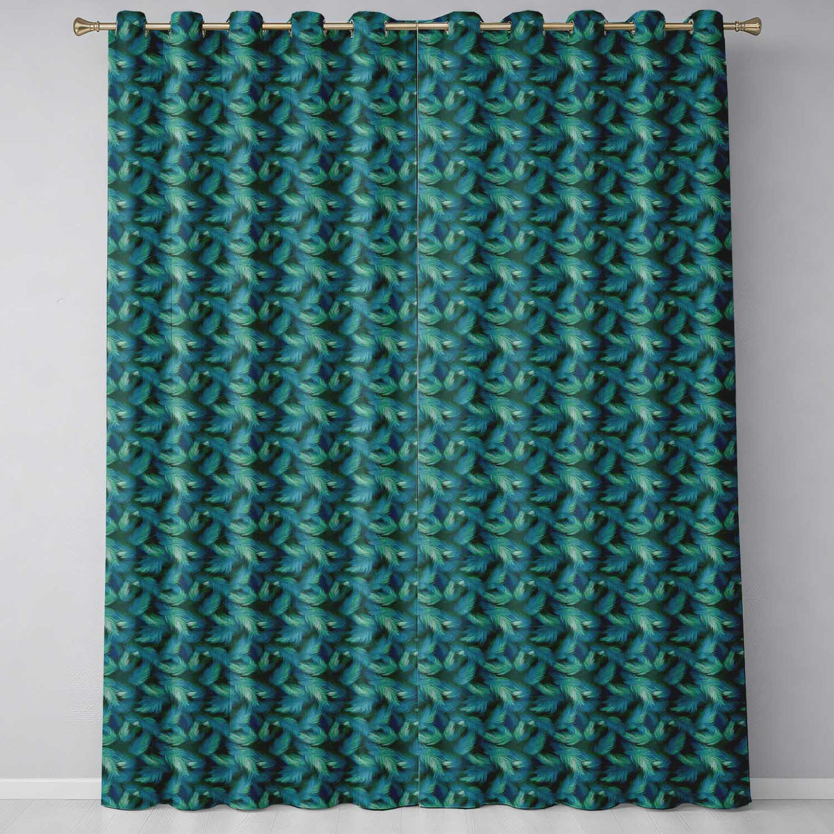 Rich Teal Feather Pattern with Layered Botanical Texture Seamless Design Readymade Eyelet Ring Top Thermal 100% Blackout Curtains