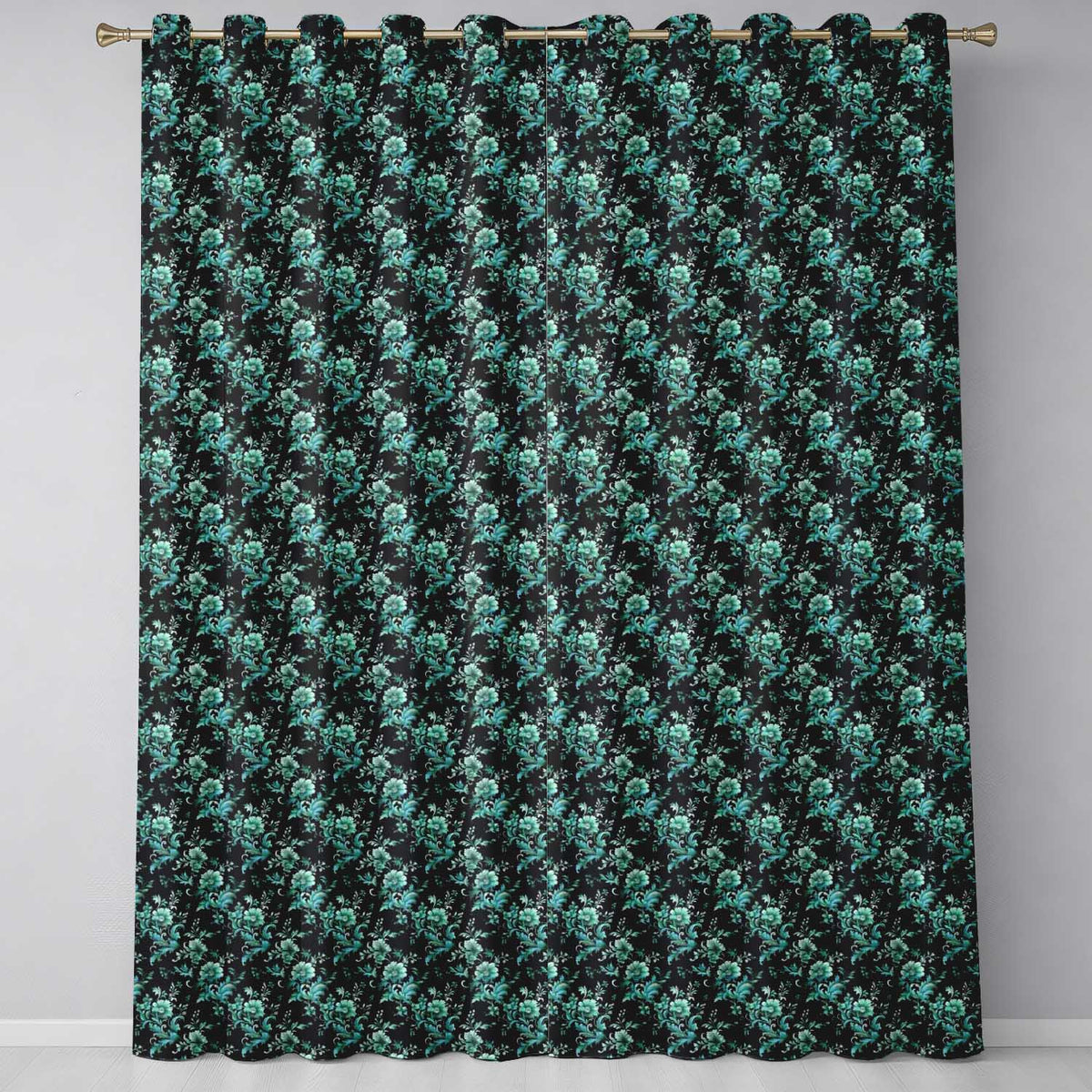 Dark Teal Floral Damask Pattern with Ornate Botanical Details Seamless Design Readymade Eyelet Ring Top Thermal 100% Blackout Curtains