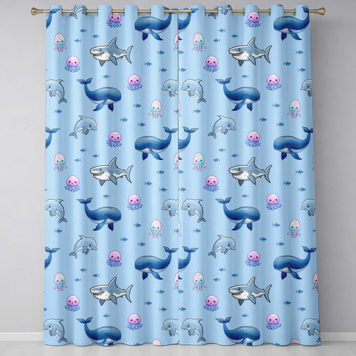 Cute Dolphin Shark and Jellyfish Ocean Animals Seamless Pattern Readymade Eyelet Ring Top Thermal 100% Blackout Curtains