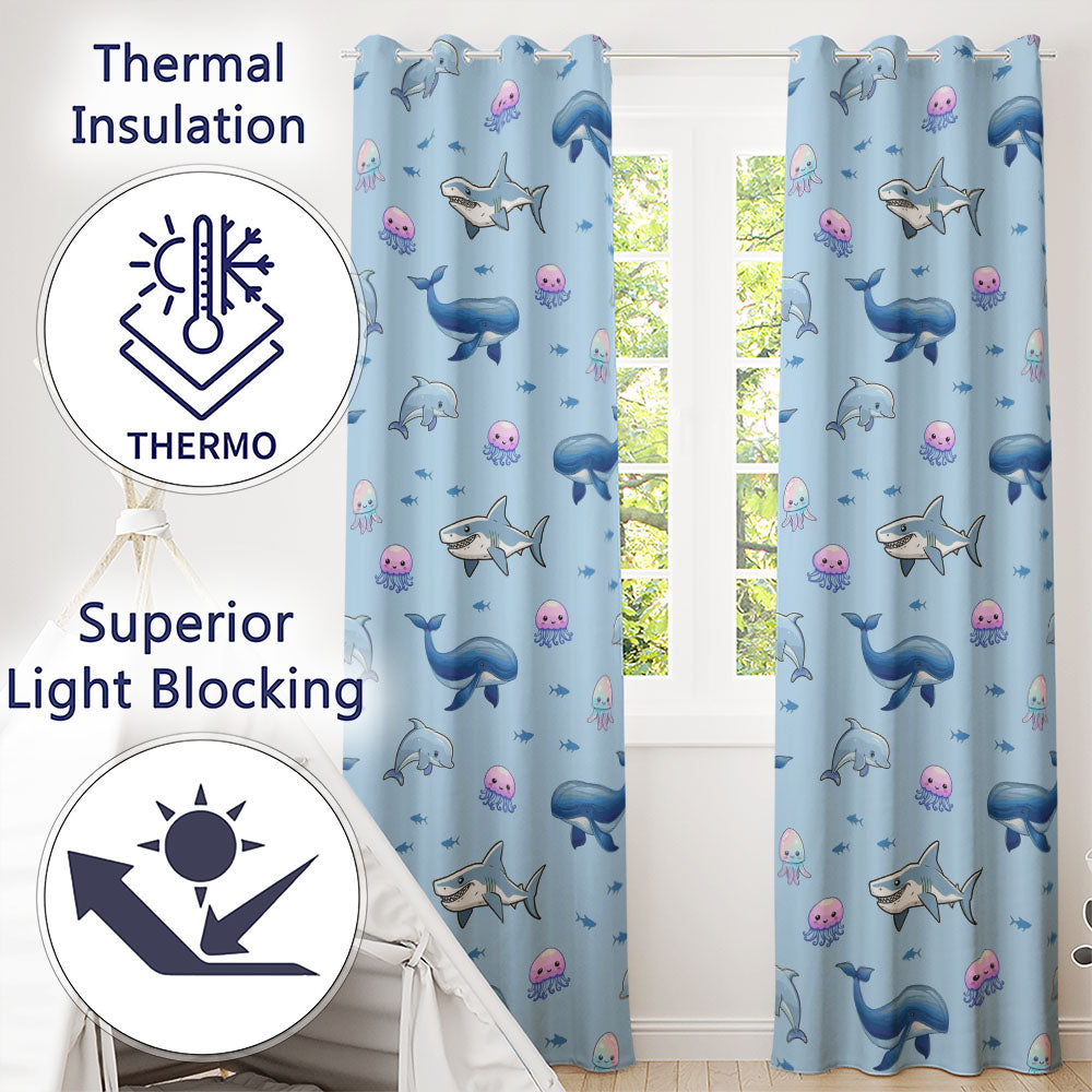 Cute Dolphin Shark and Jellyfish Ocean Animals Seamless Pattern Readymade Eyelet Ring Top Thermal 100% Blackout Curtains