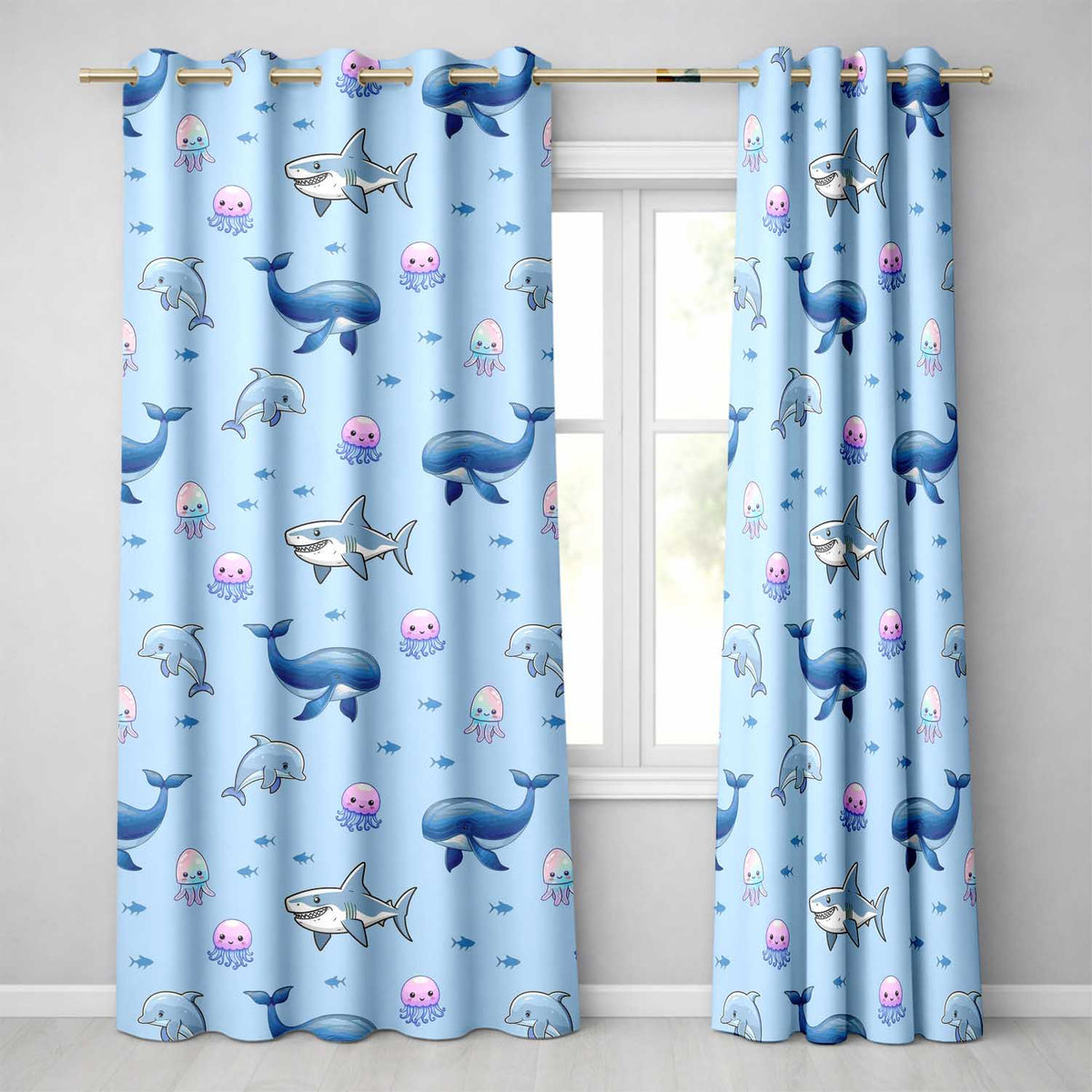 Cute Dolphin Shark and Jellyfish Ocean Animals Seamless Pattern Readymade Eyelet Ring Top Thermal 100% Blackout Curtains