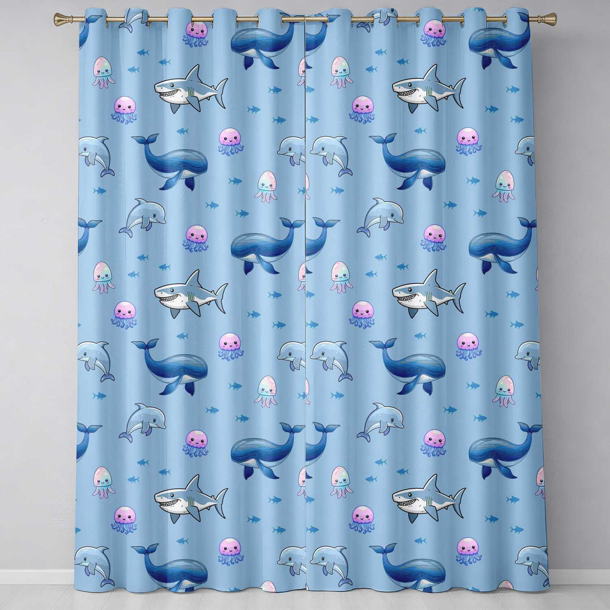Cute Dolphin Shark and Jellyfish Ocean Animals Blue Background Seamless Pattern Readymade Eyelet Ring Top Thermal 100% Blackout Curtains