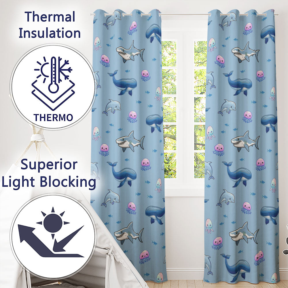 Cute Dolphin Shark and Jellyfish Ocean Animals Blue Background Seamless Pattern Readymade Eyelet Ring Top Thermal 100% Blackout Curtains