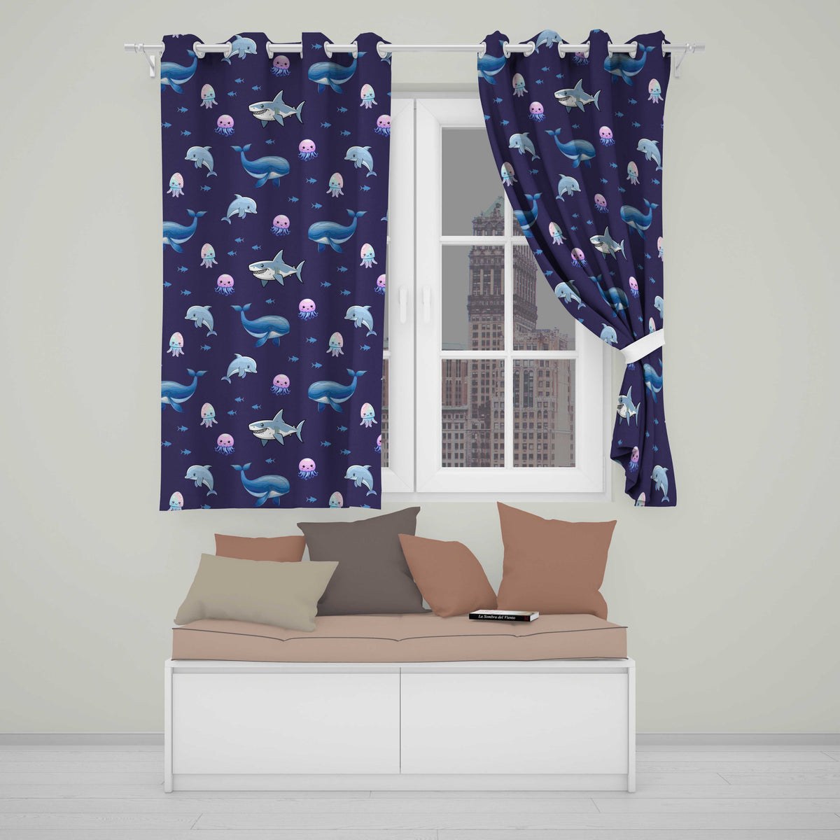 Cute Dolphin Shark and Jellyfish Ocean Animals Purple Background Readymade Eyelet Ring Top Thermal 100% Blackout Curtains