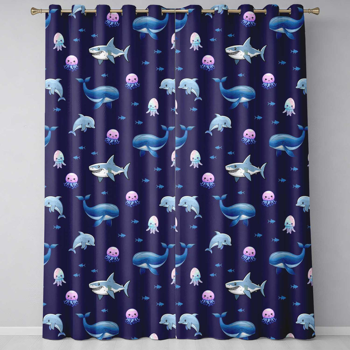Cute Dolphin Shark and Jellyfish Ocean Animals Purple Background Readymade Eyelet Ring Top Thermal 100% Blackout Curtains