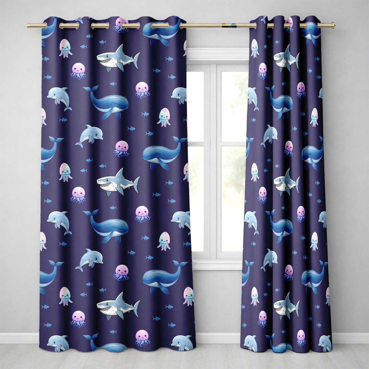 Cute Dolphin Shark and Jellyfish Ocean Animals Purple Background Readymade Eyelet Ring Top Thermal 100% Blackout Curtains