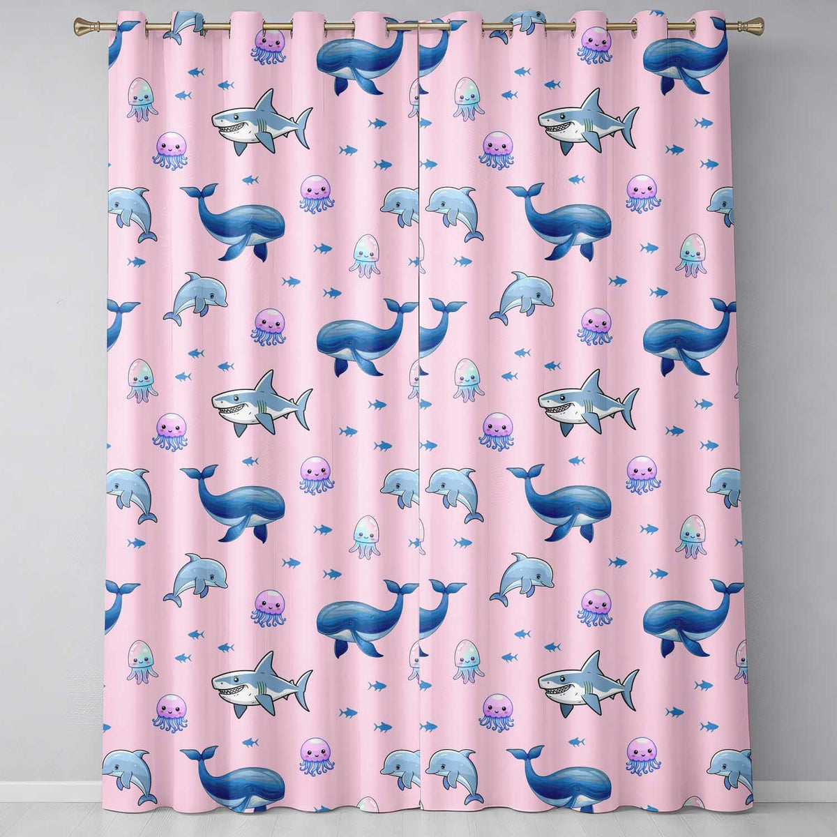 Cute Dolphin Shark and Jellyfish Ocean Animals Soft Pink Background Readymade Eyelet Ring Top Thermal 100% Blackout Curtains