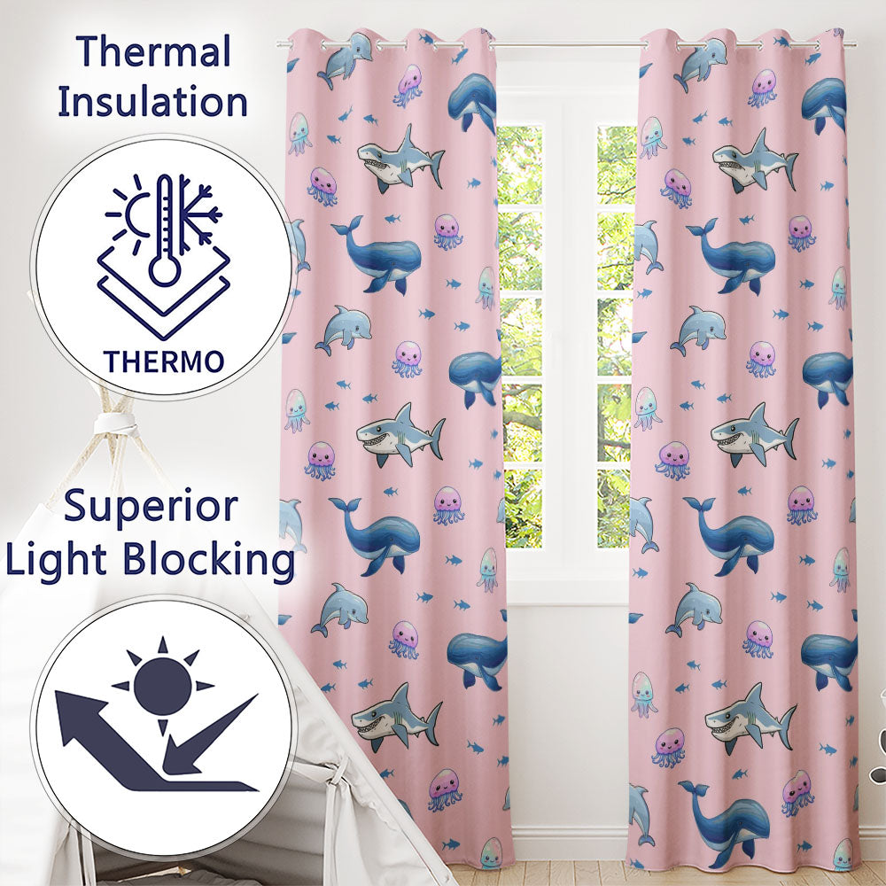 Cute Dolphin Shark and Jellyfish Ocean Animals Soft Pink Background Readymade Eyelet Ring Top Thermal 100% Blackout Curtains