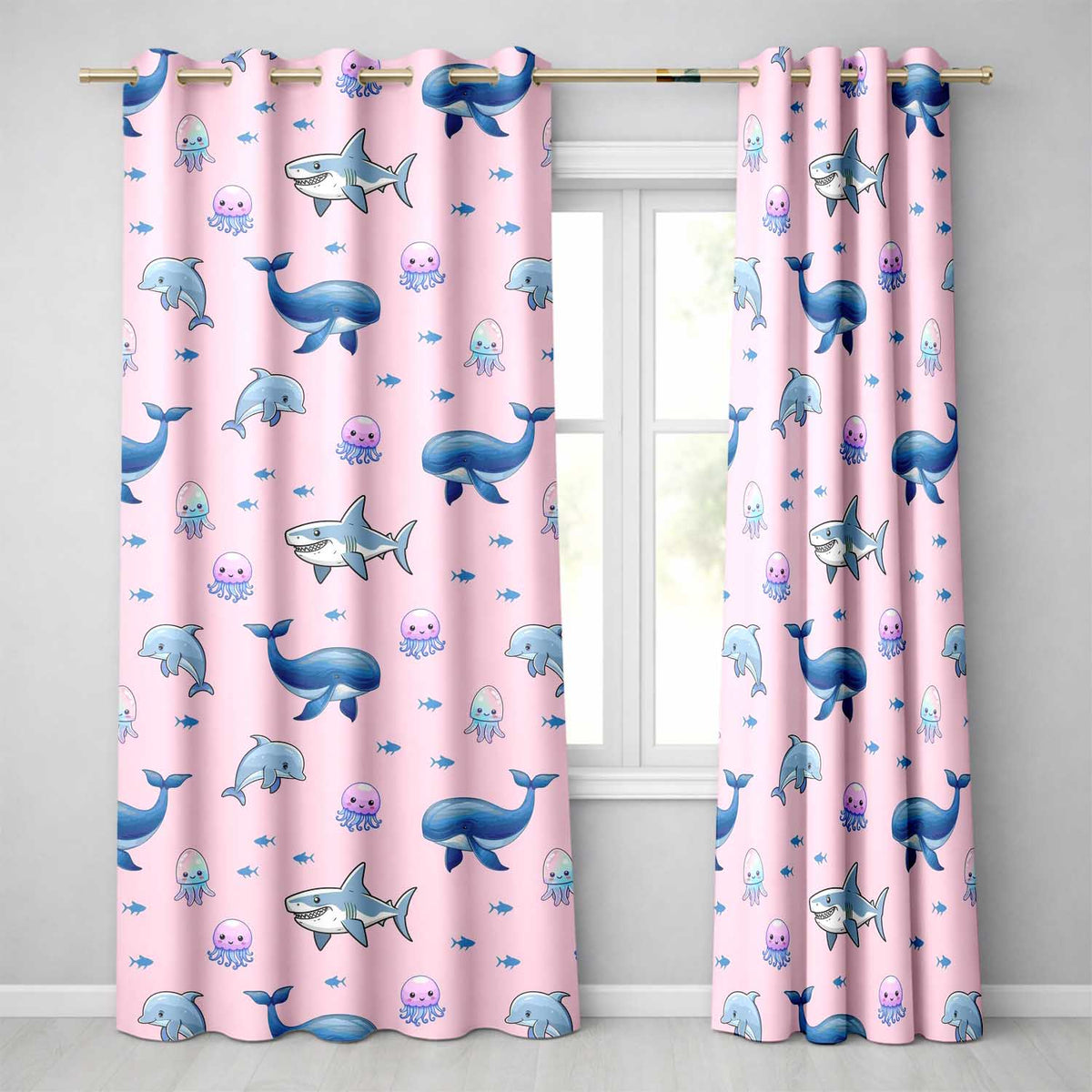 Cute Dolphin Shark and Jellyfish Ocean Animals Soft Pink Background Readymade Eyelet Ring Top Thermal 100% Blackout Curtains
