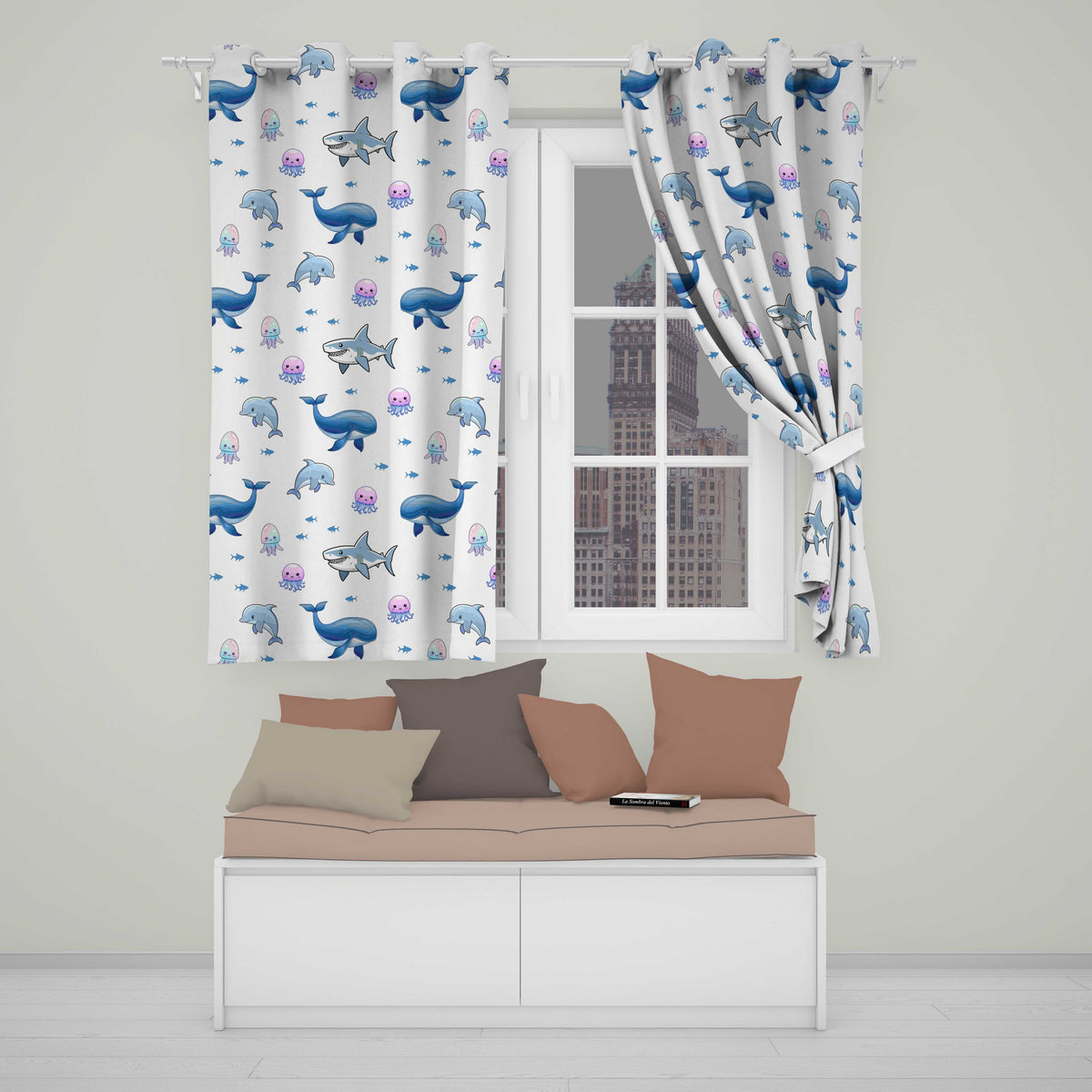 Cute Dolphin Shark and Jellyfish Ocean Animals Light Grey Background Readymade Eyelet Ring Top Thermal 100% Blackout Curtains