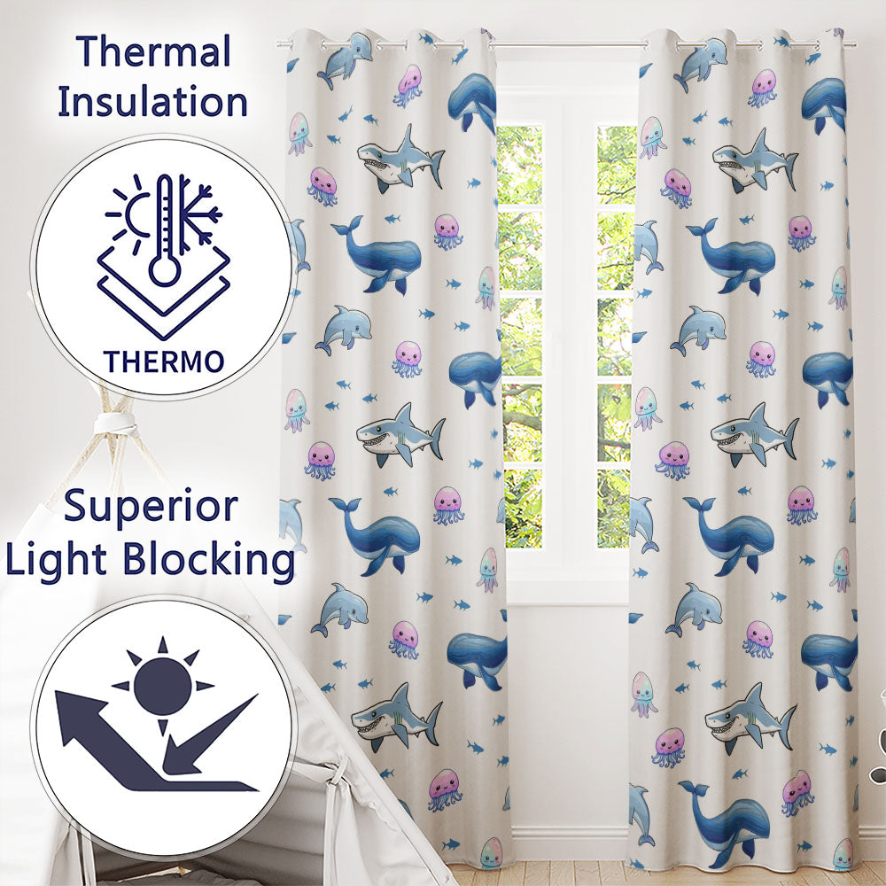 Cute Dolphin Shark and Jellyfish Ocean Animals Light Grey Background Readymade Eyelet Ring Top Thermal 100% Blackout Curtains