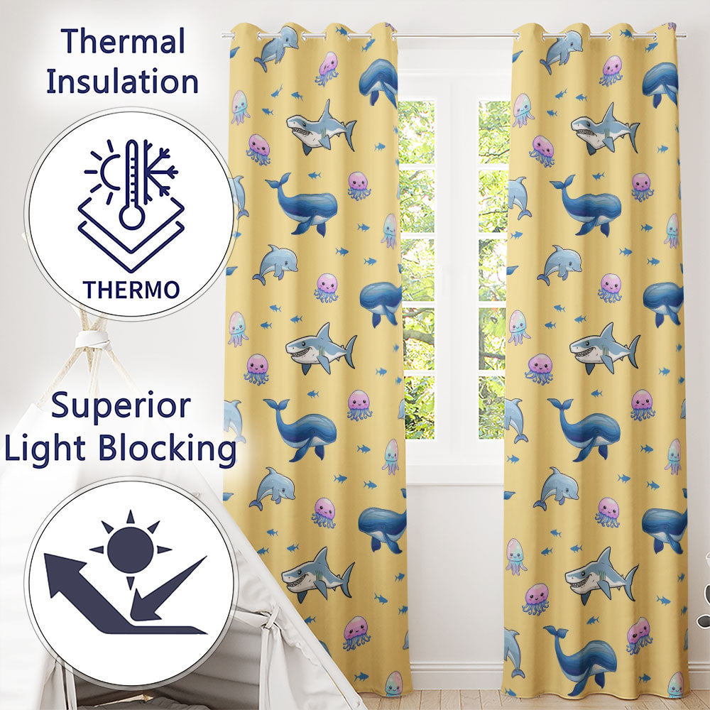 Cute Dolphin Shark and Jellyfish Ocean Animals Warm Yellow Background Readymade Eyelet Ring Top Thermal 100% Blackout Curtains