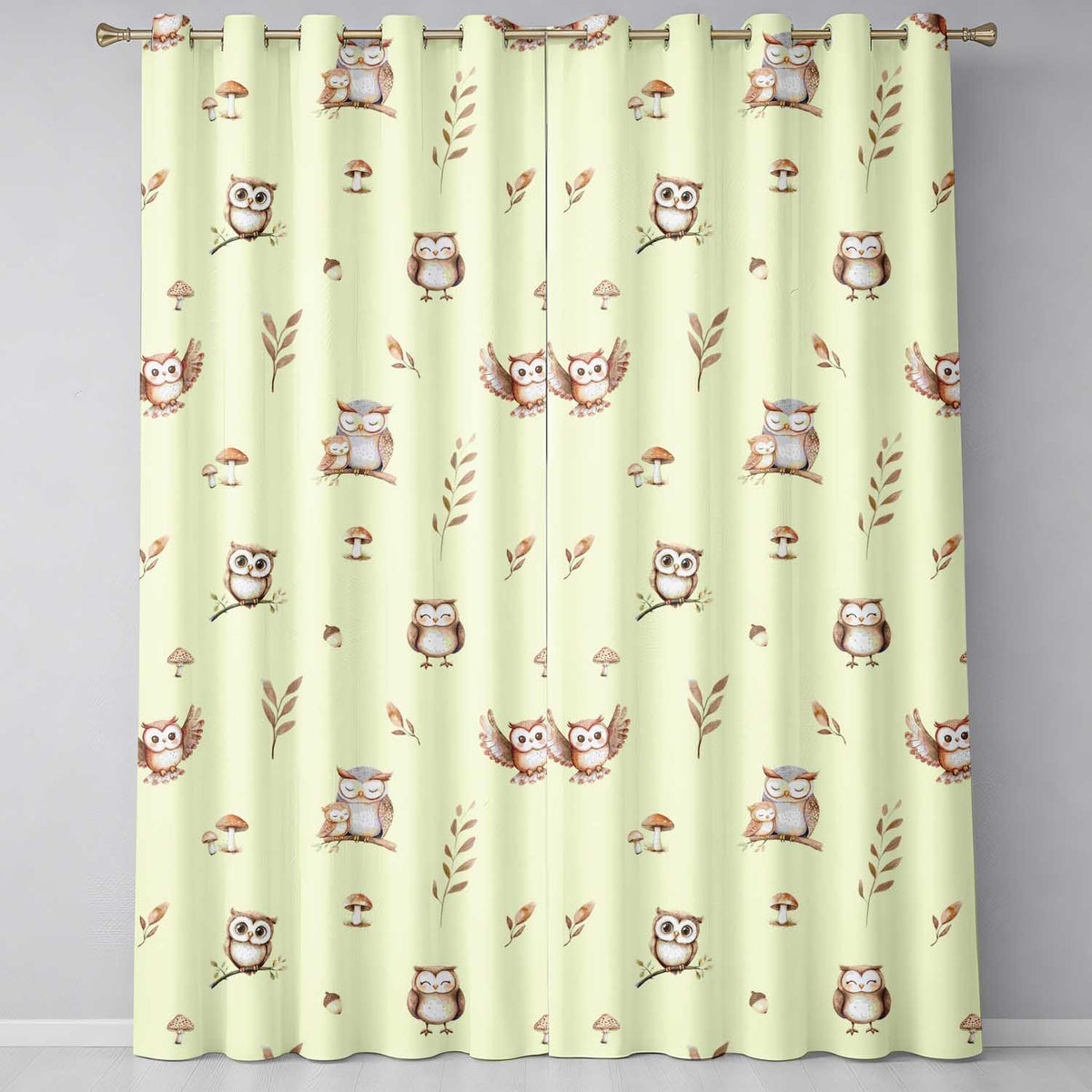 Cute Woodland Owls Mushrooms and Leaves Yellow Background Seamless Pattern Readymade Eyelet Ring Top Thermal 100% Blackout Curtains