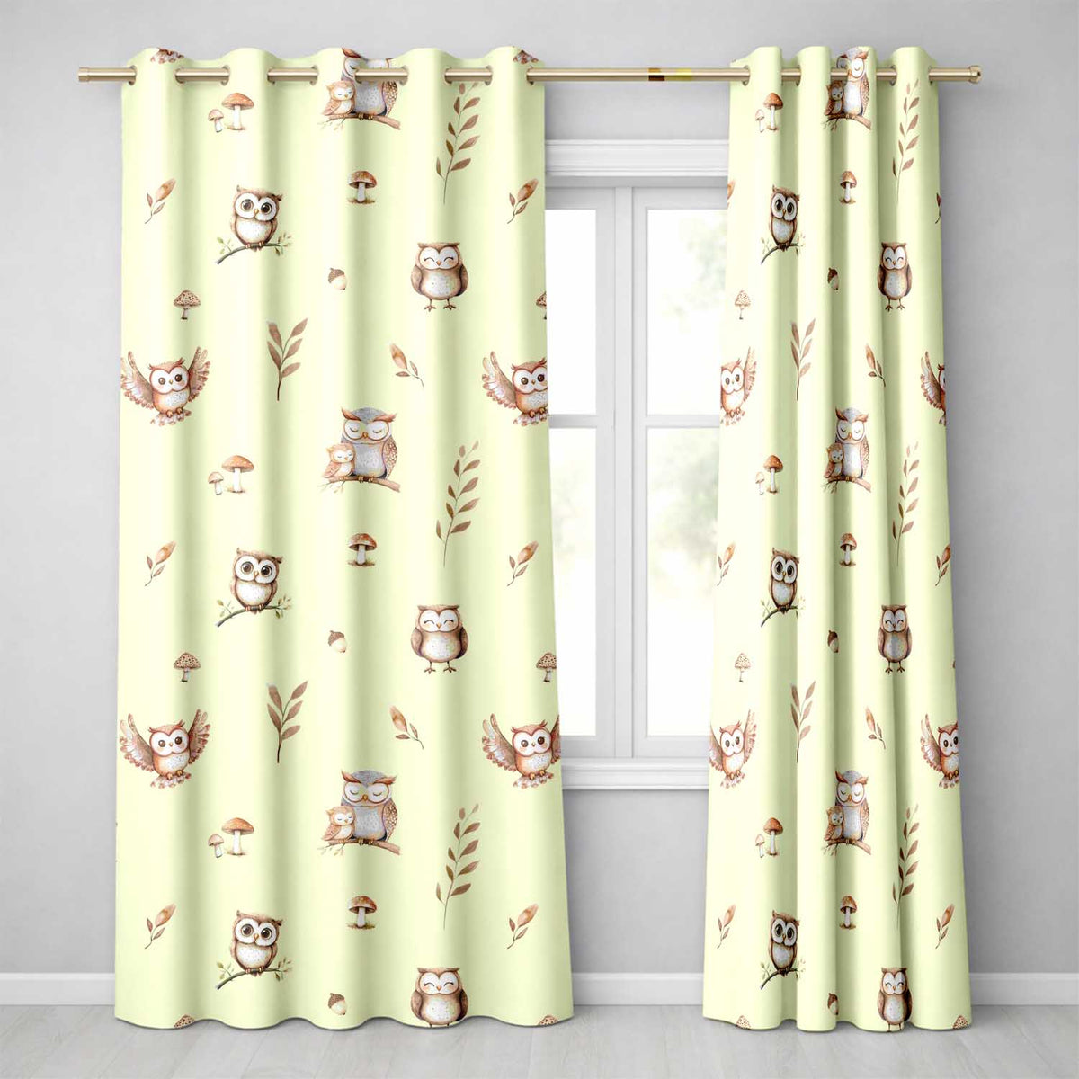Cute Woodland Owls Mushrooms and Leaves Yellow Background Seamless Pattern Readymade Eyelet Ring Top Thermal 100% Blackout Curtains